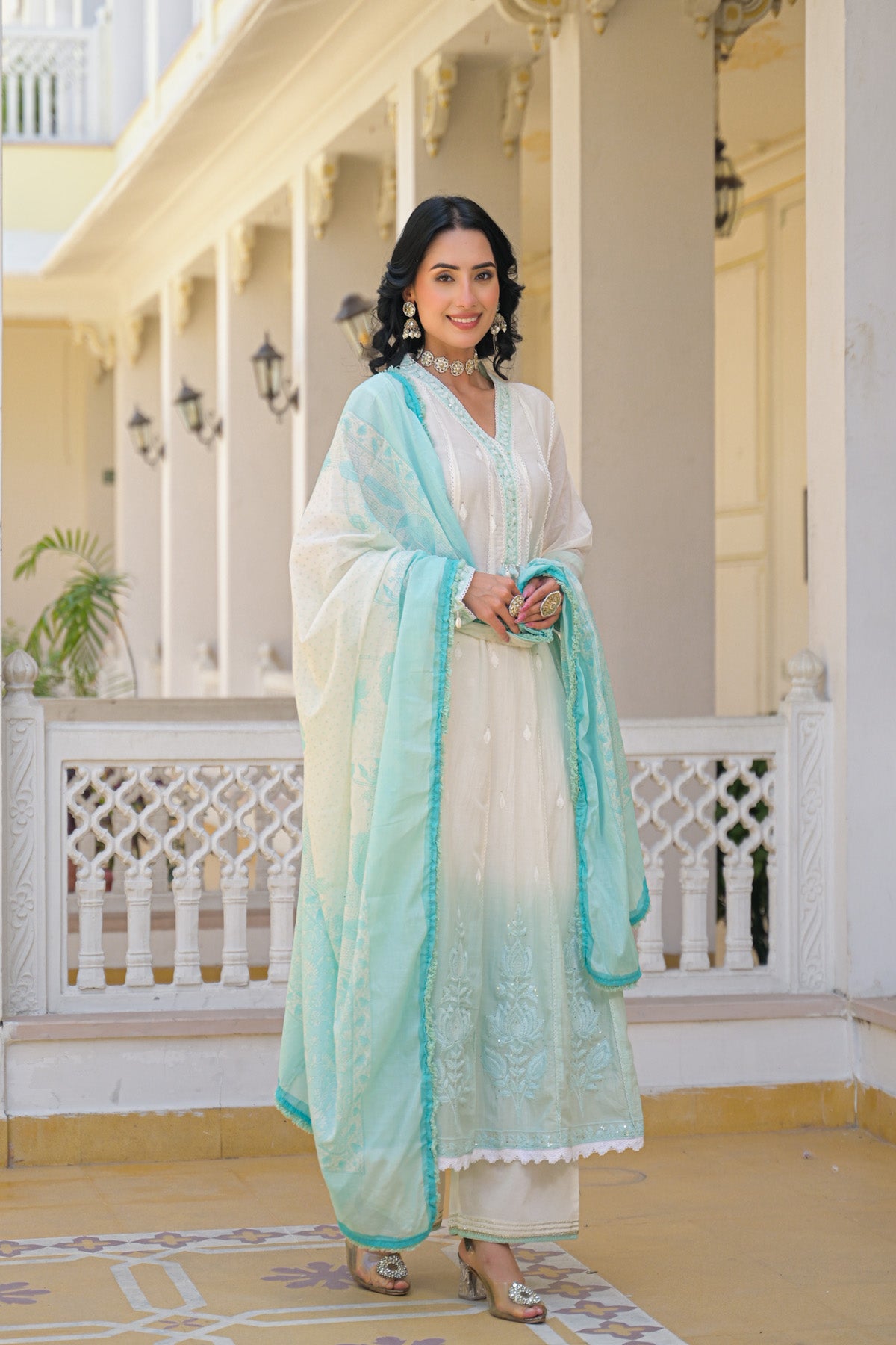 Sky Blue Mul Mul Embroidered Anarkali Suit Set With Dupatta