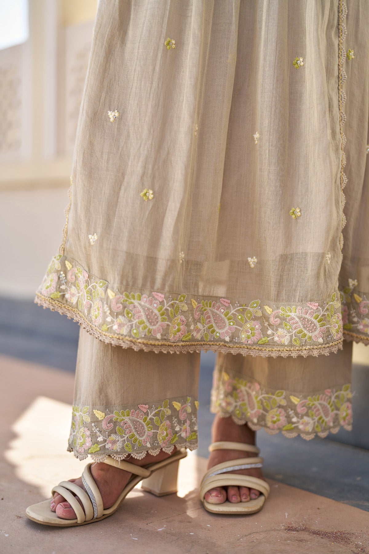 Brown Mul Mul Embroidered Anarkali Suit Set With Dupatta