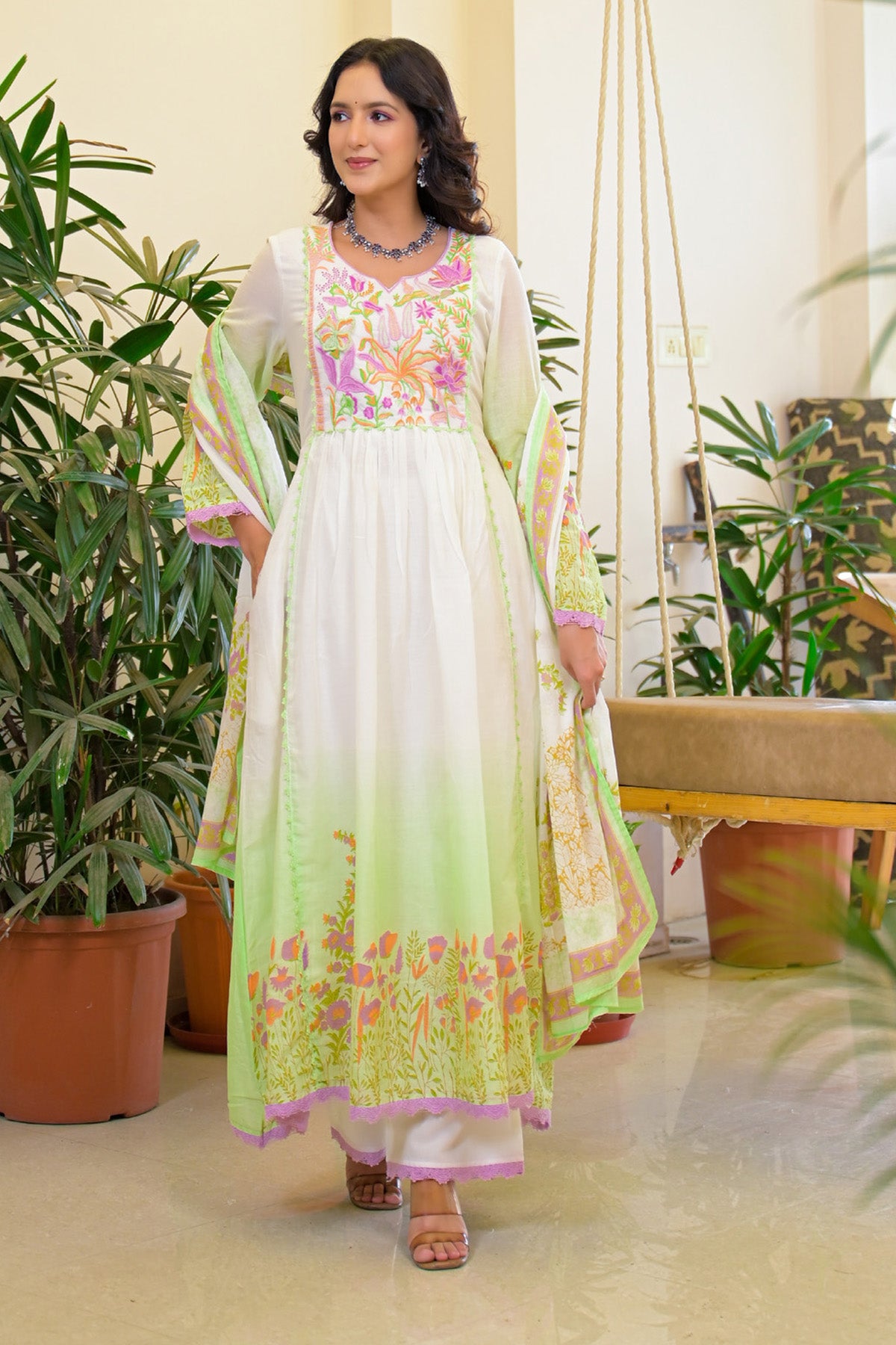 Green Ombre Mul Mul Embroidered Anarkali Suit Set With Dupatta