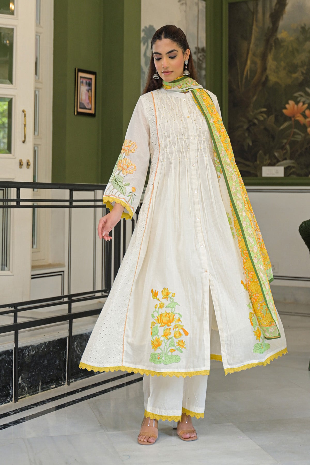Yellow Mul Mul Printed Anarkali Suit Set With Dupatta