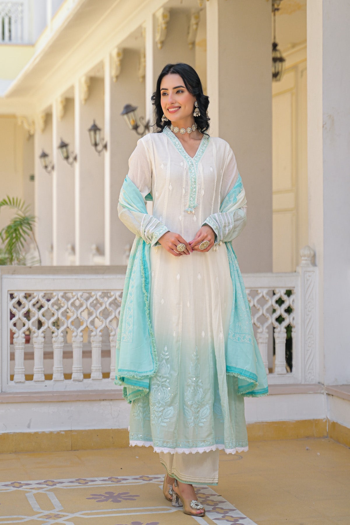 Sky Blue Mul Mul Embroidered Anarkali Suit Set With Dupatta