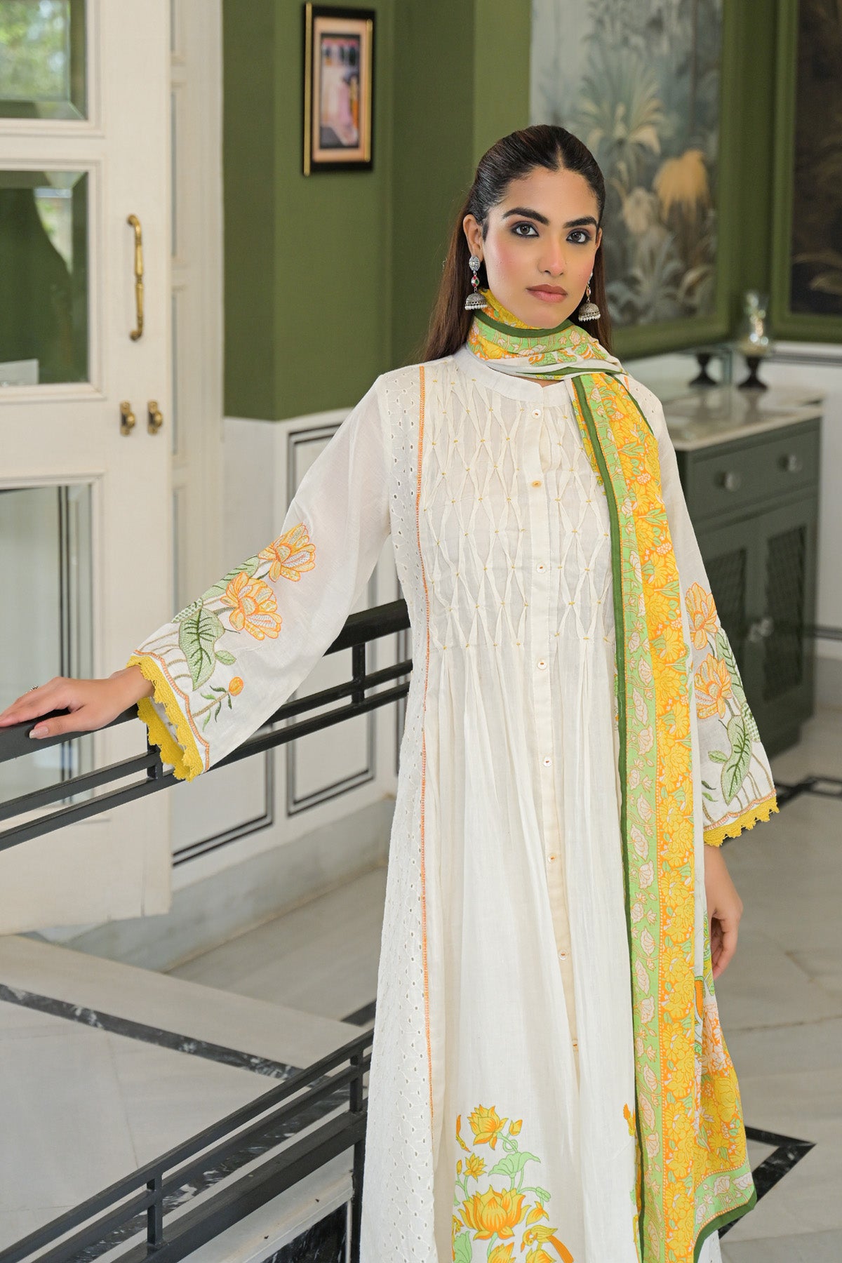 Yellow Mul Mul Printed Anarkali Suit Set With Dupatta