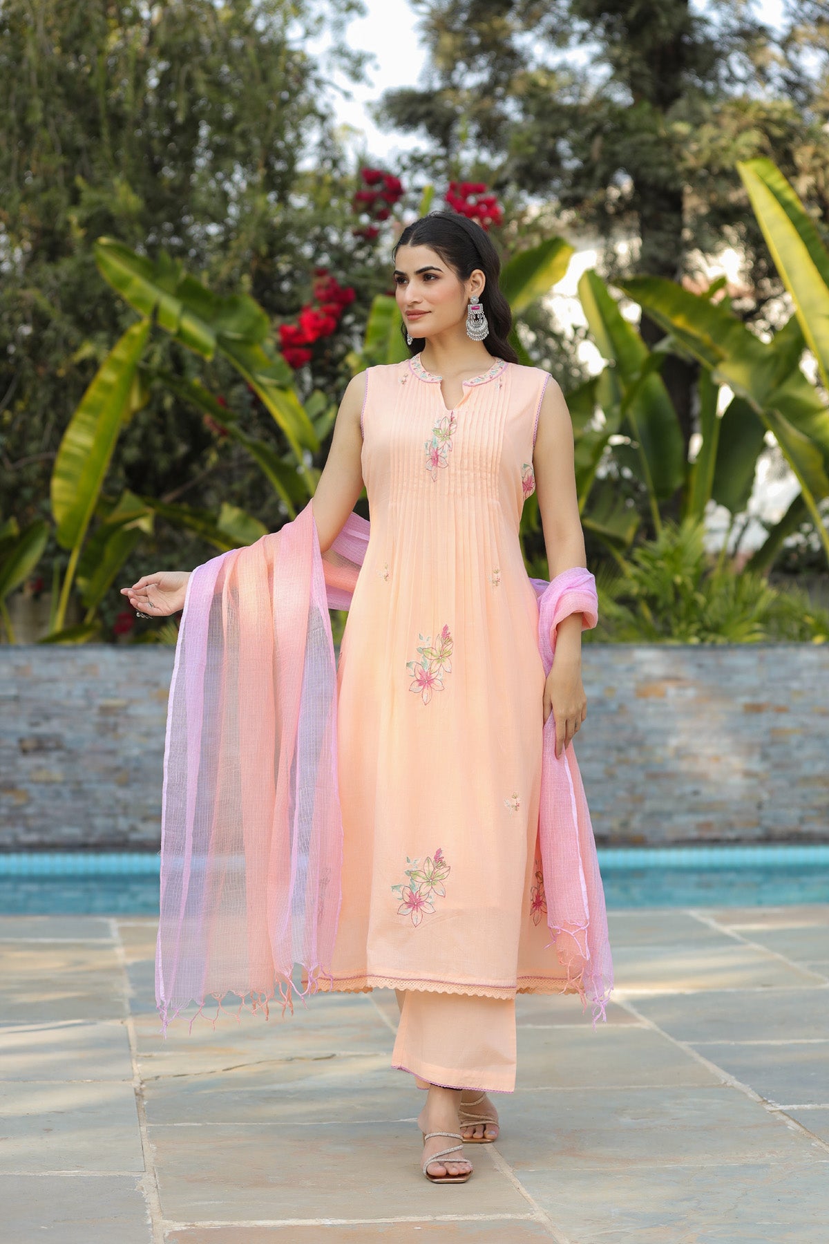 Peach Mul Mul Embroidered Anarkali Suit Set With Dupatta