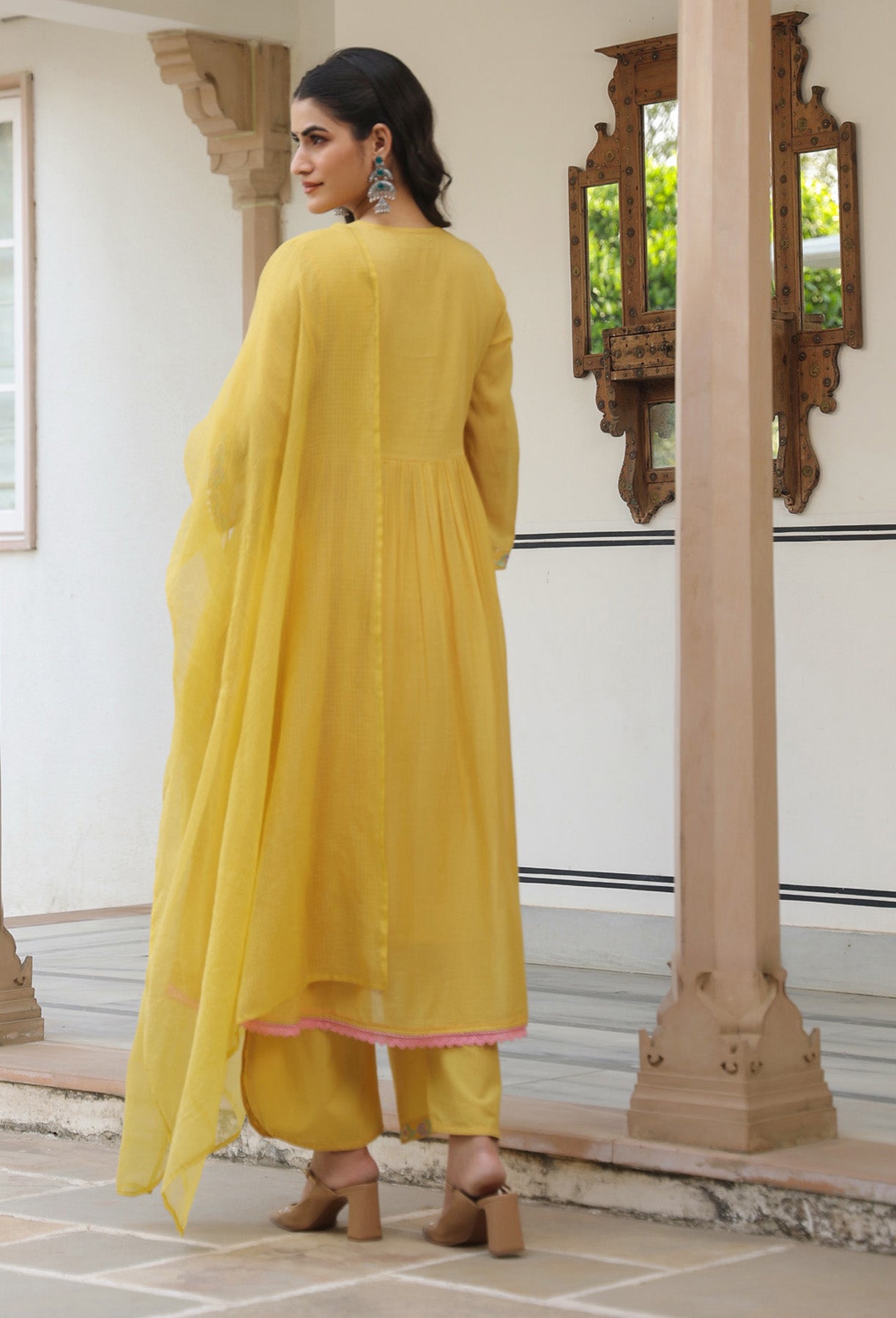 Yellow Mul Mul Embroidered Anarkali Suit Set With Dupatta