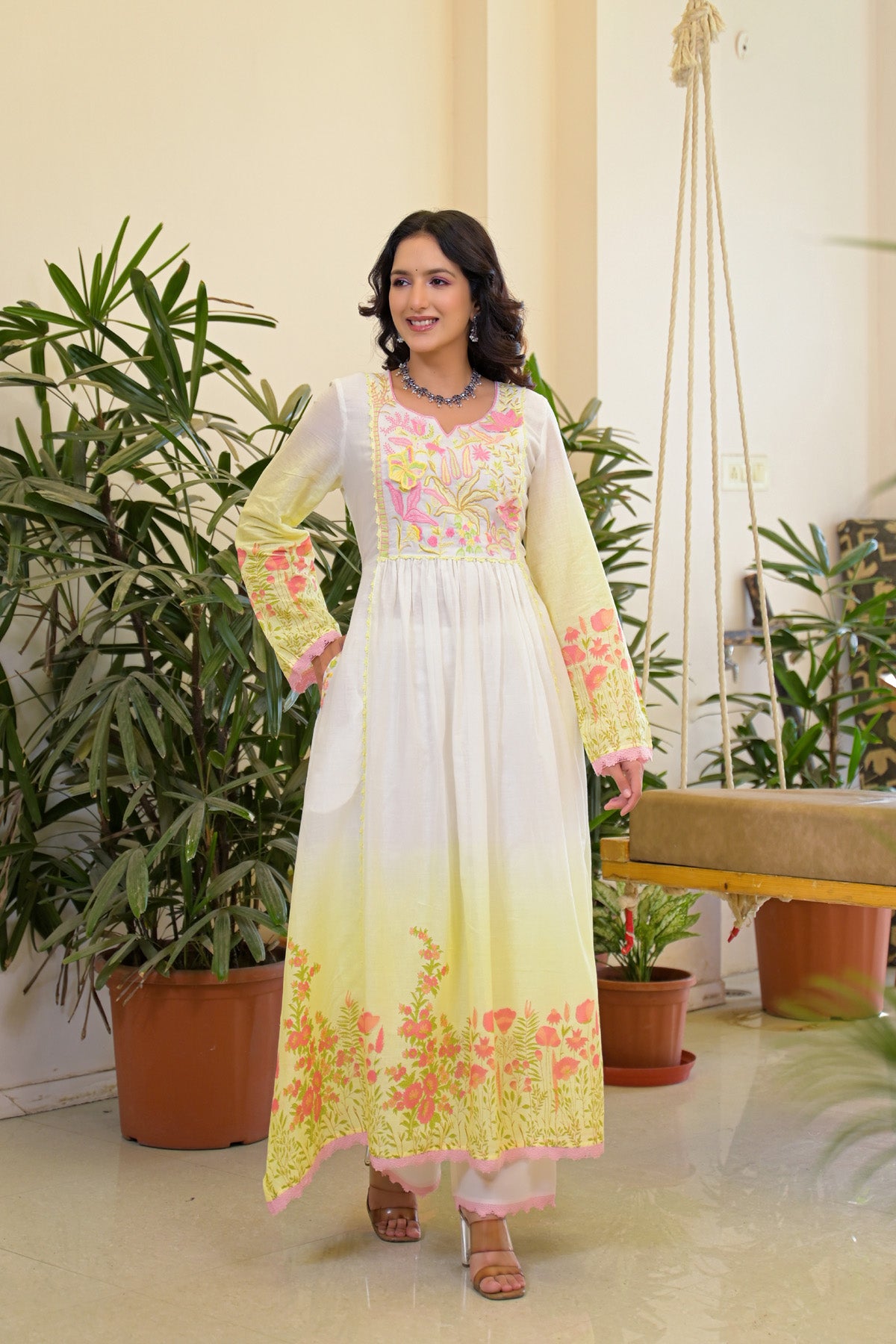 Yellow Mul Mul Embroidered Anarkali Suit Set With Dupatta