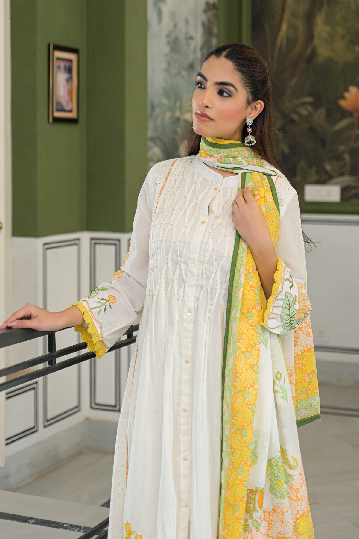 Yellow Mul Mul Printed Anarkali Suit Set With Dupatta