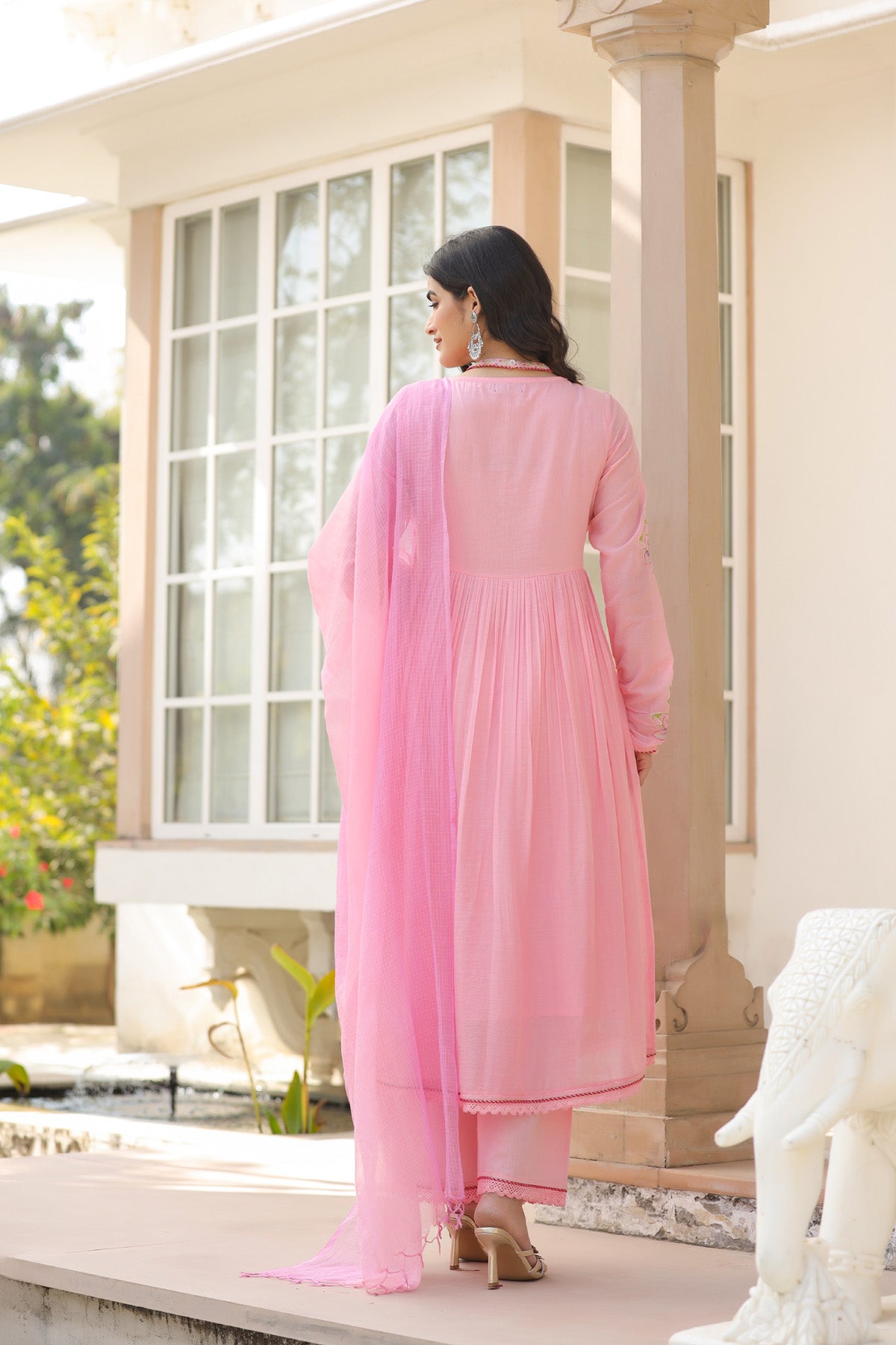Pink Mul Mul Embroidered Anarkali Suit Set With Dupatta