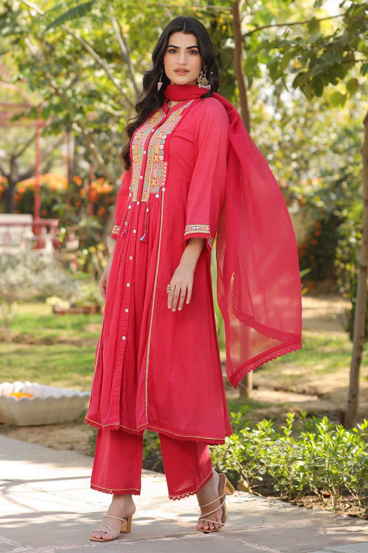 Red Mul Mul Embroidered Anarkali Suit Set With Dupatta