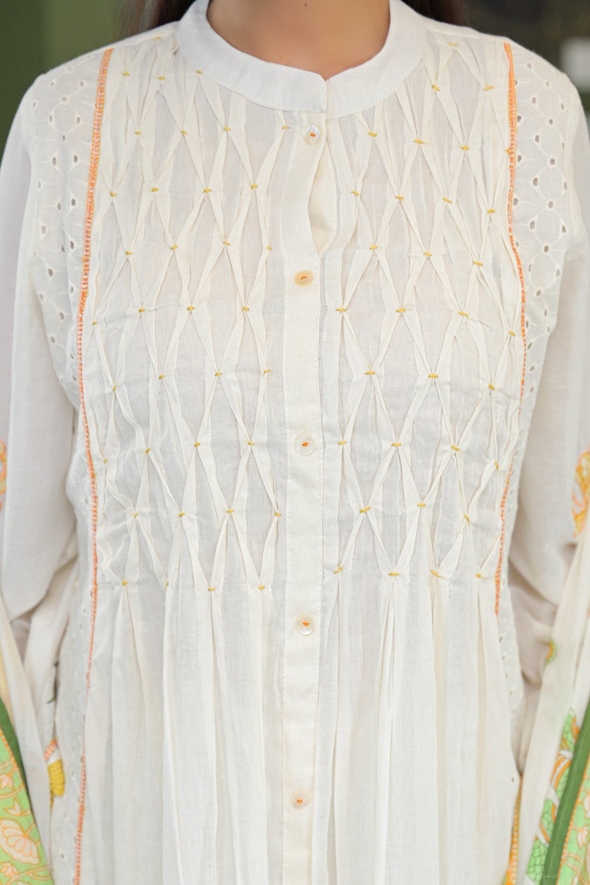 Yellow Mul Mul Printed Anarkali Suit Set With Dupatta