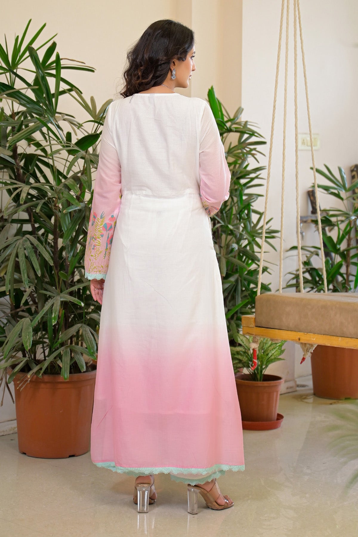 Pink Ombre Mul Mul Embroidered Anarkali Suit Set With Dupatta