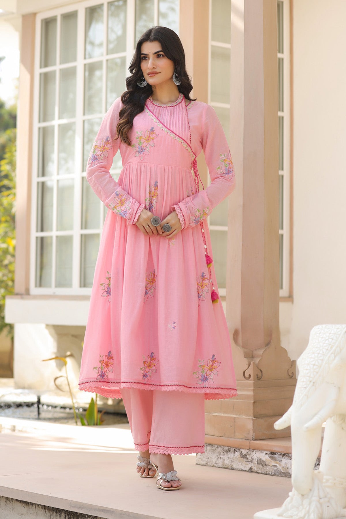 Pink Mul Mul Embroidered Anarkali Suit Set With Dupatta