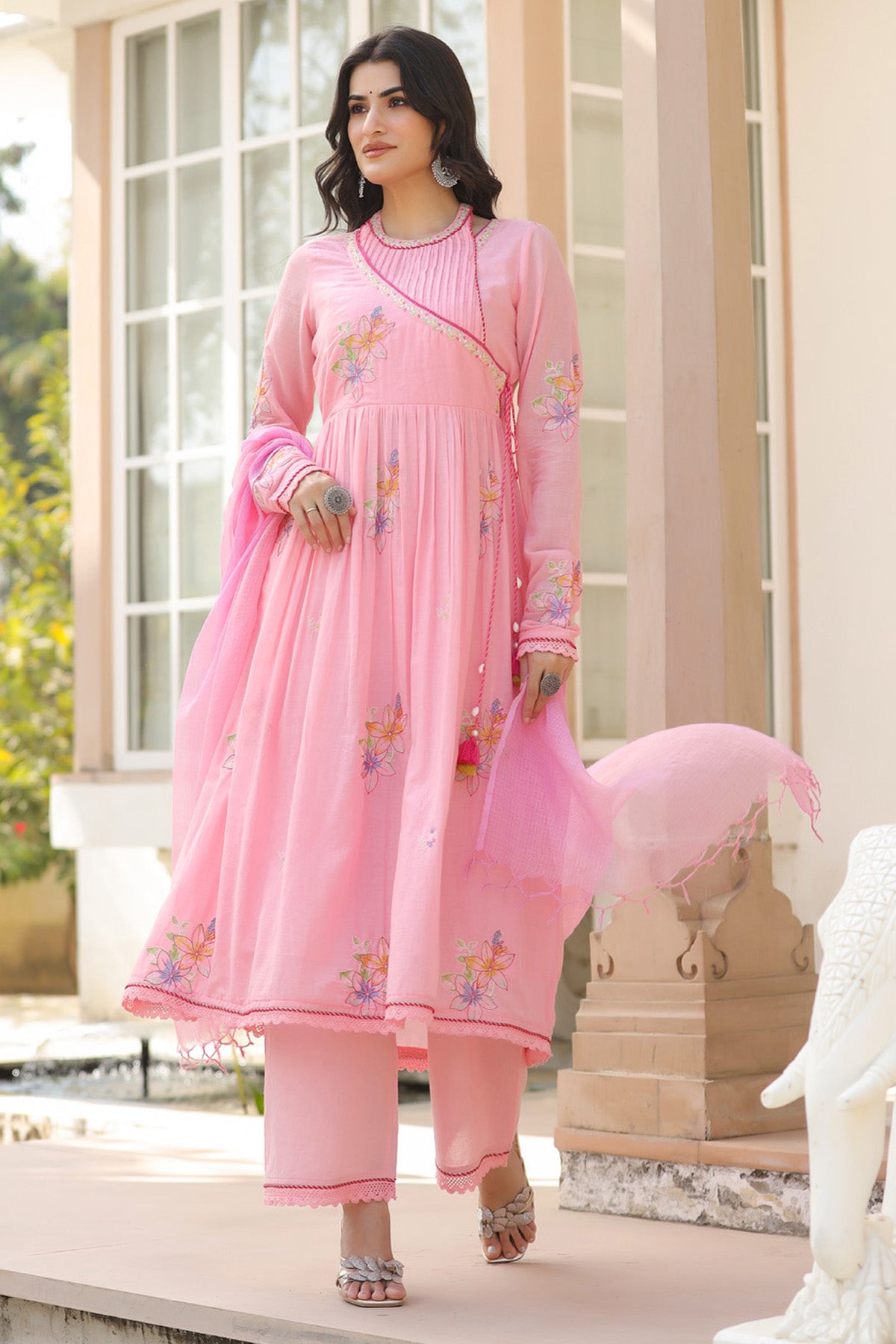 Pink Mul Mul Embroidered Anarkali Suit Set With Dupatta