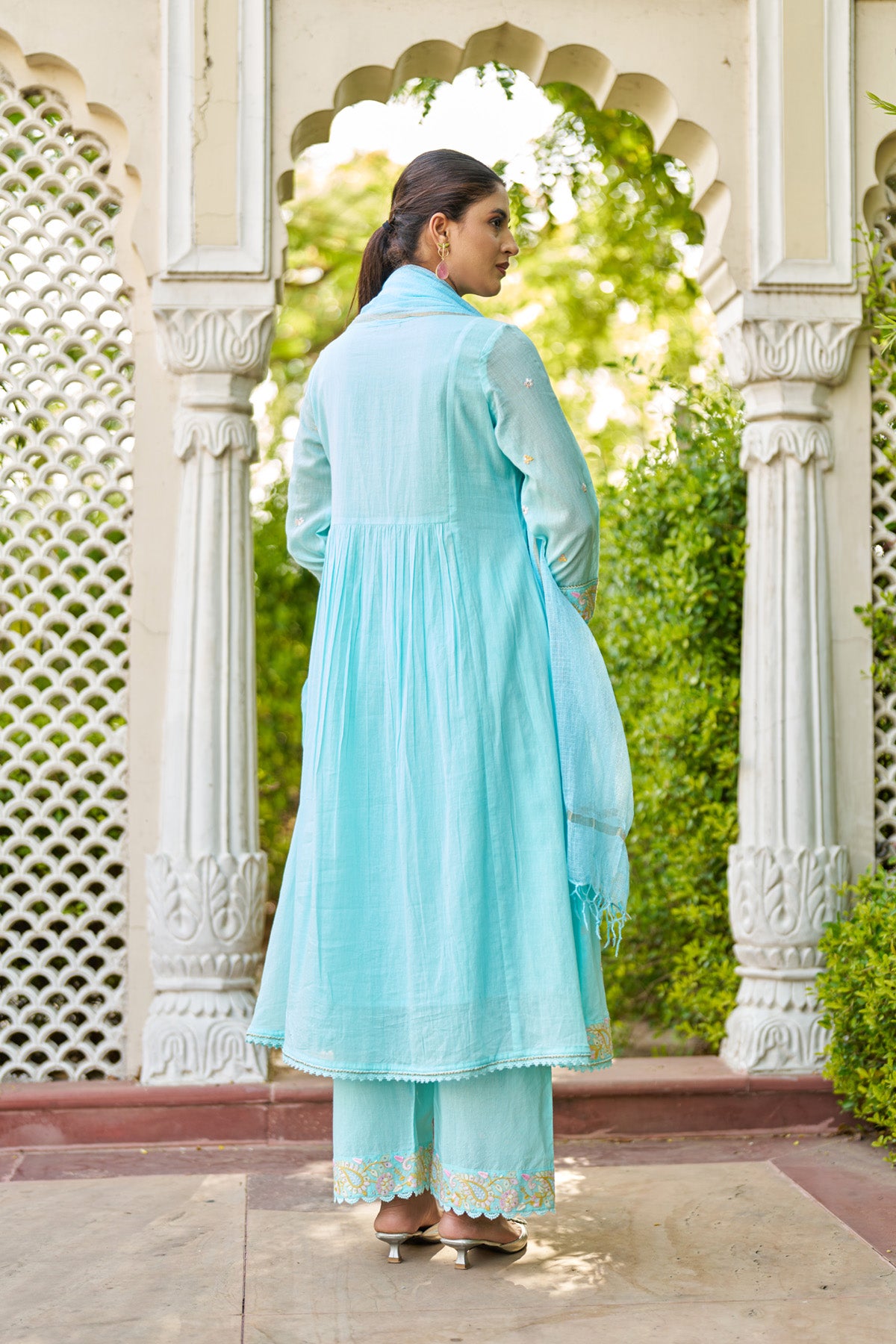 Sky Blue Mul Mul Embroidered Anarkali Suit Set With Dupatta