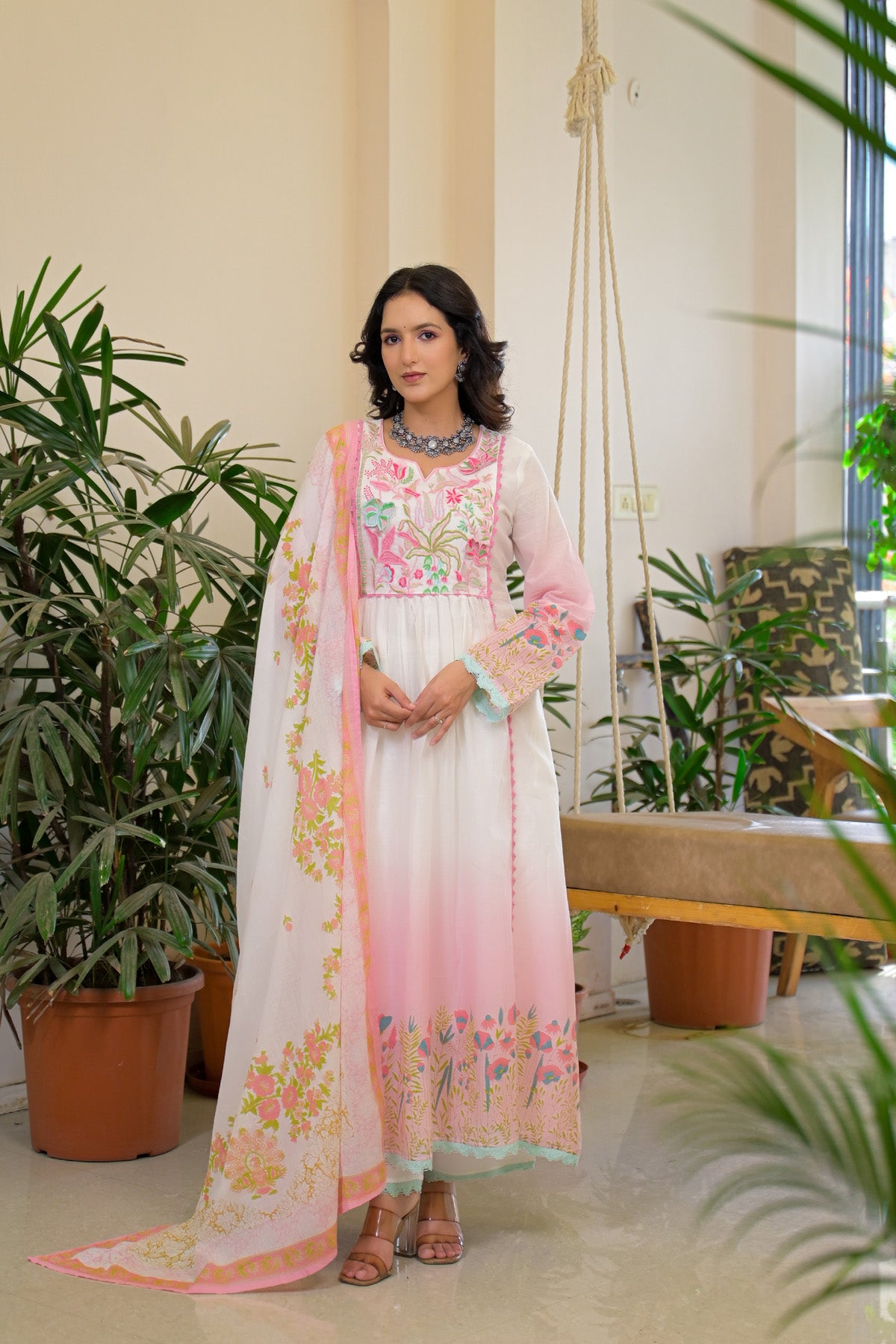 Pink Mul Mul Embroidered Anarkali Suit Set With Dupatta