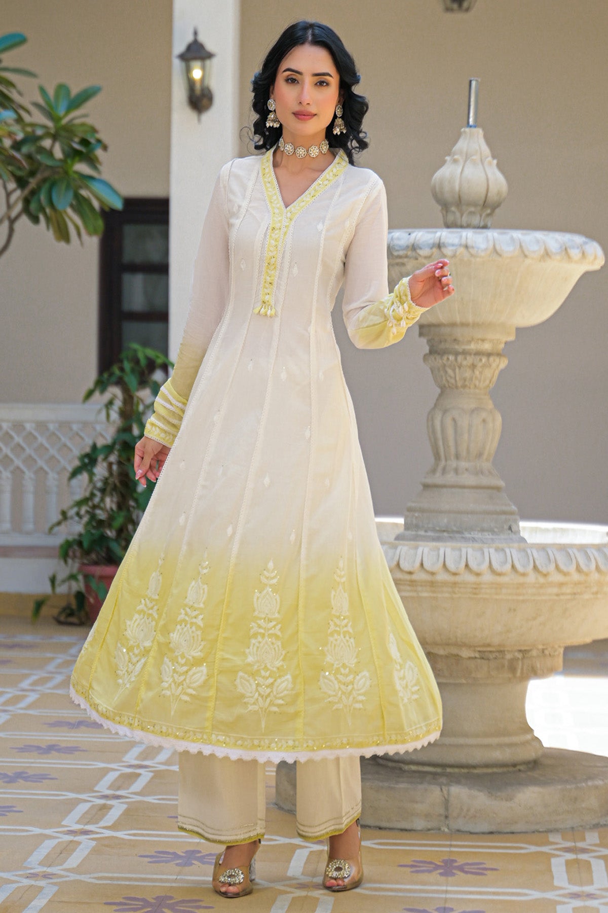 Yellow Ombre Mul Mul Embroidered Anarkali Suit Set With Dupatta