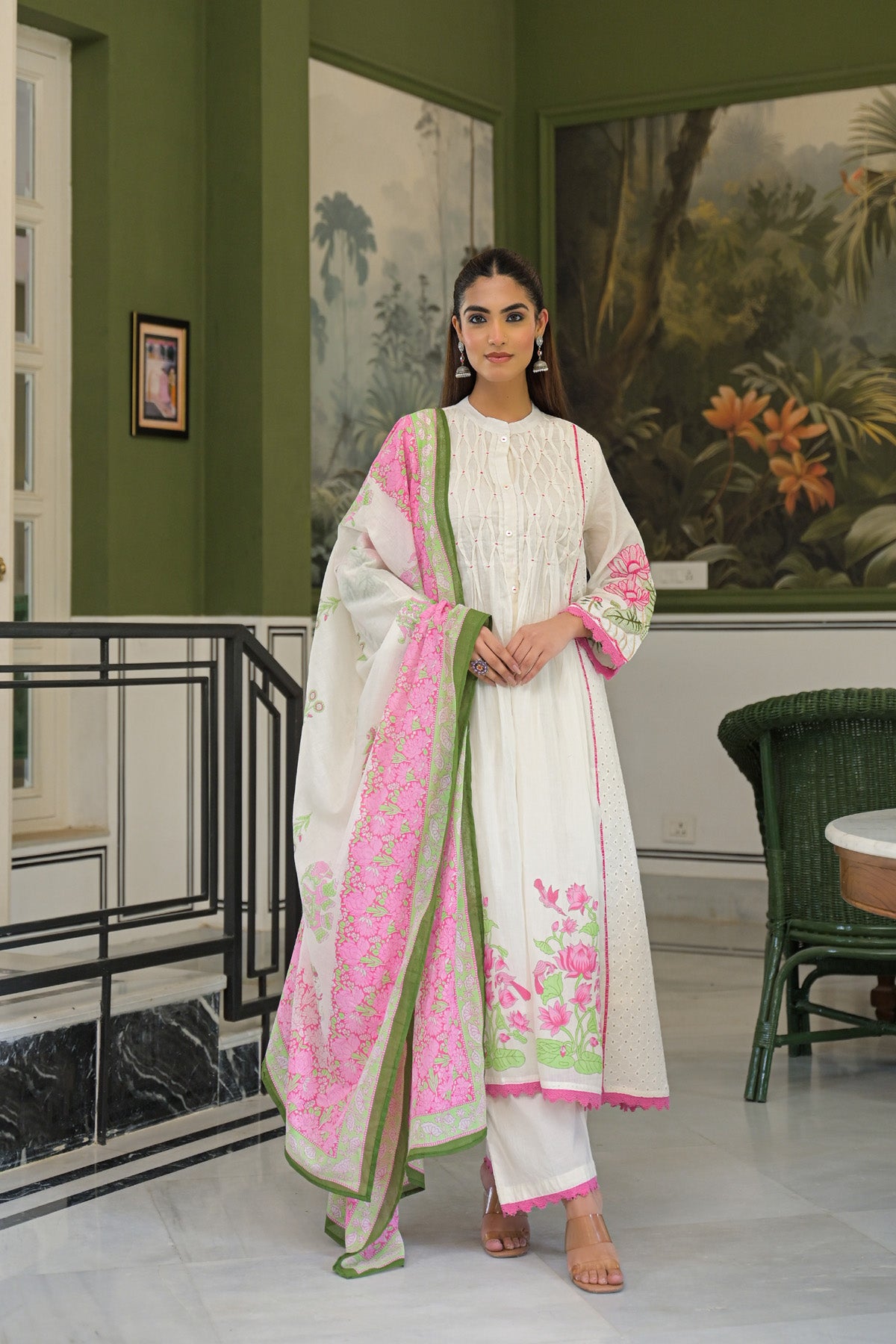 Pink Mul Mul Printed Anarkali Suit Set With Dupatta