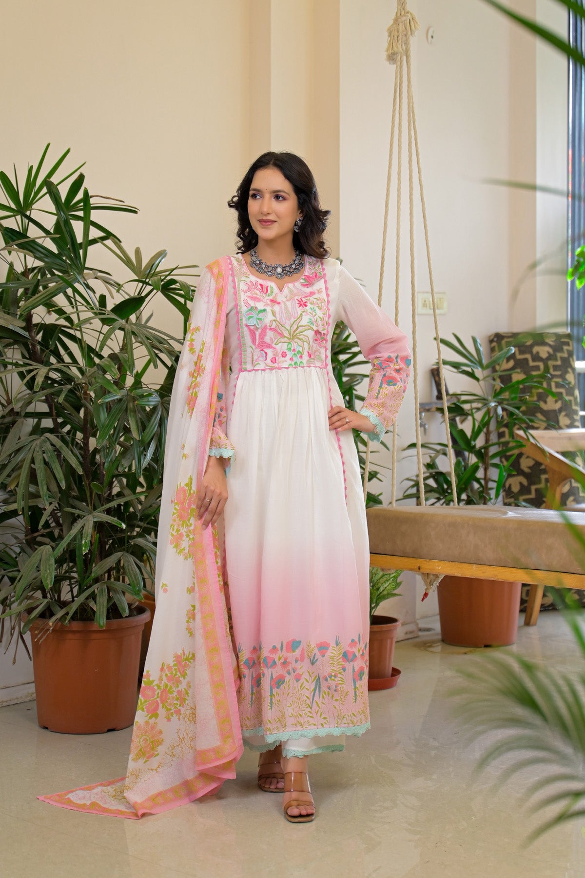 Pink Mul Mul Embroidered Anarkali Suit Set With Dupatta