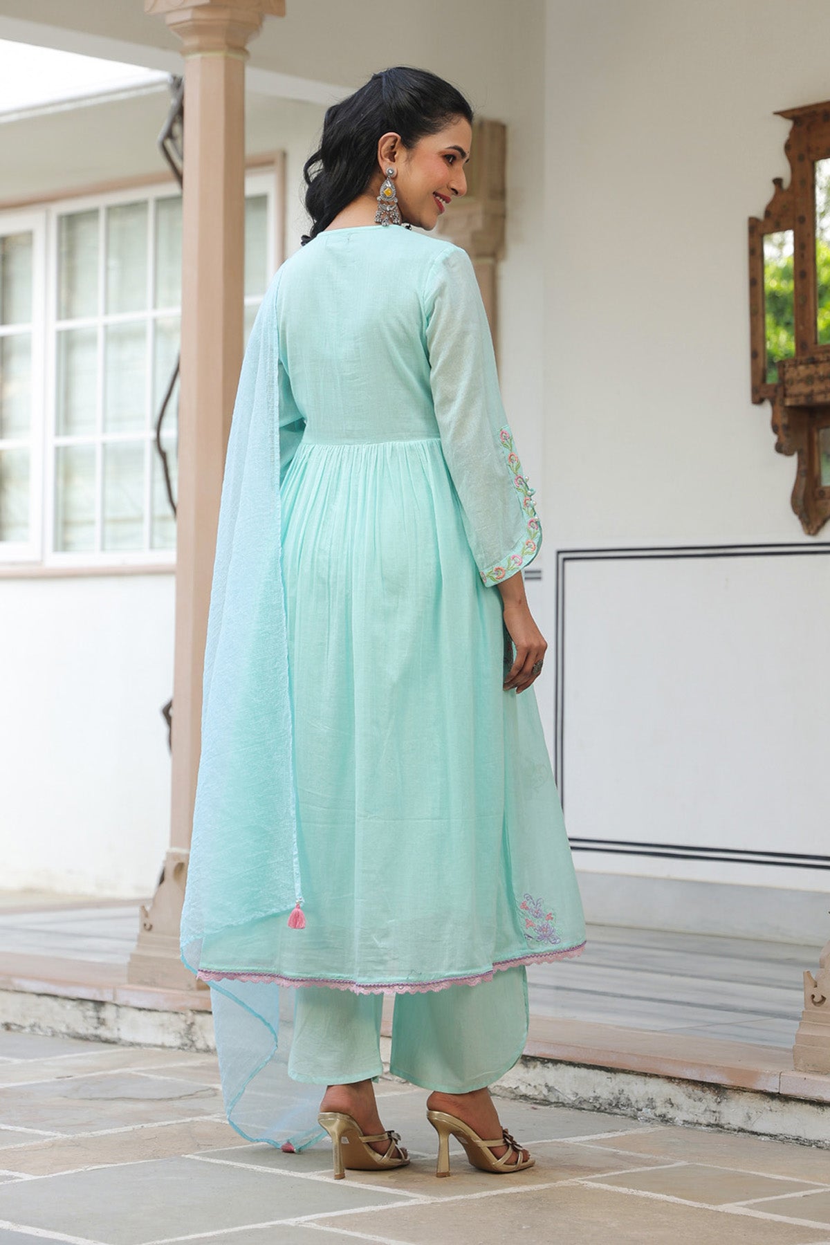 Sky Blue Mul Mul Embroidered Anarkali Suit Set With Dupatta