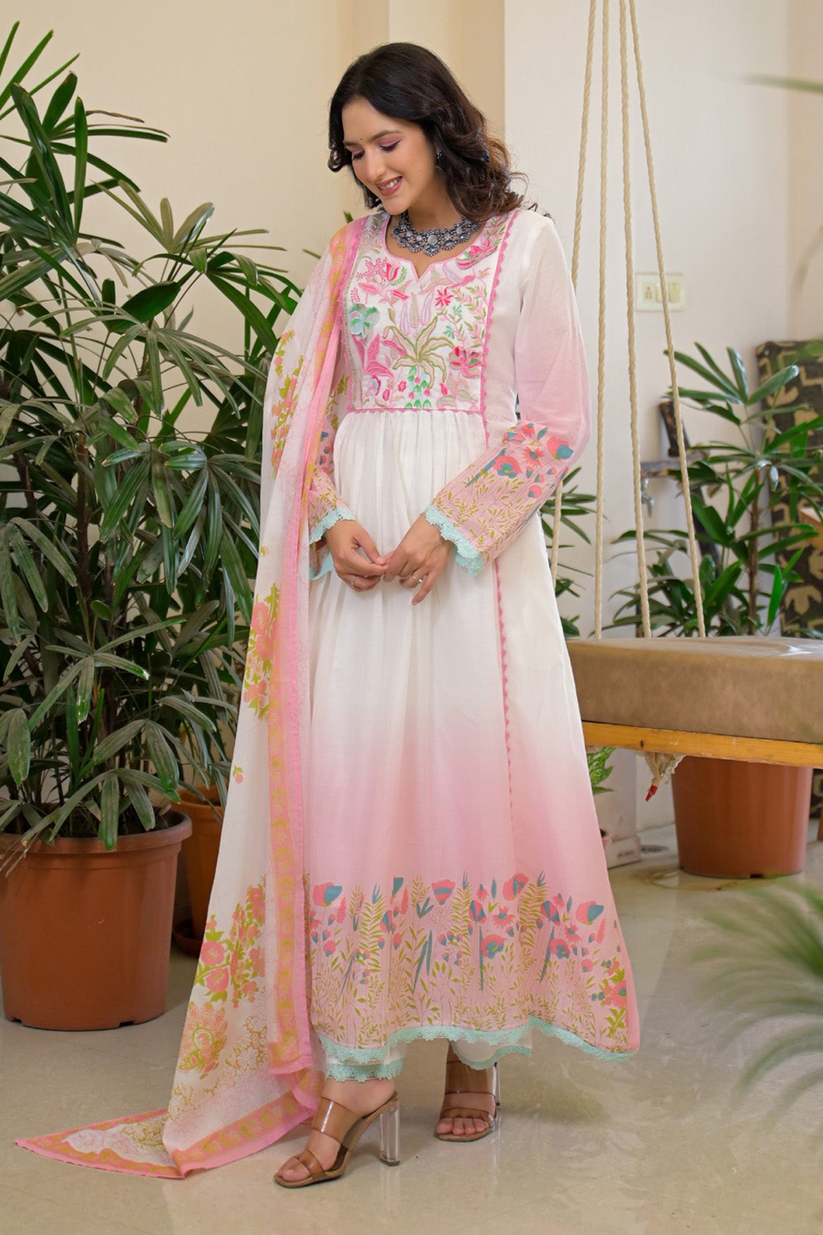 Pink Ombre Mul Mul Embroidered Anarkali Suit Set With Dupatta