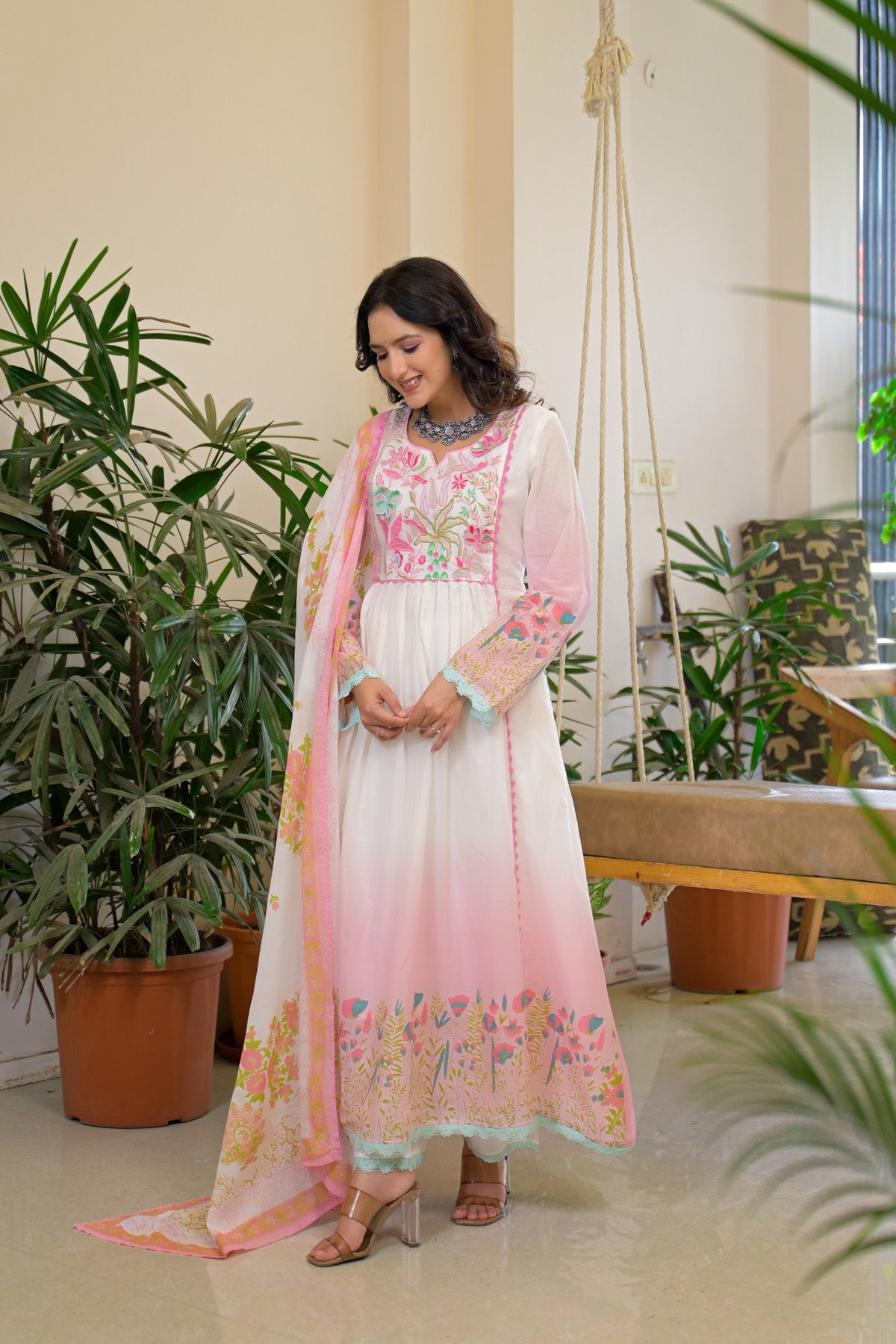 Pink Mul Mul Embroidered Anarkali Suit Set With Dupatta