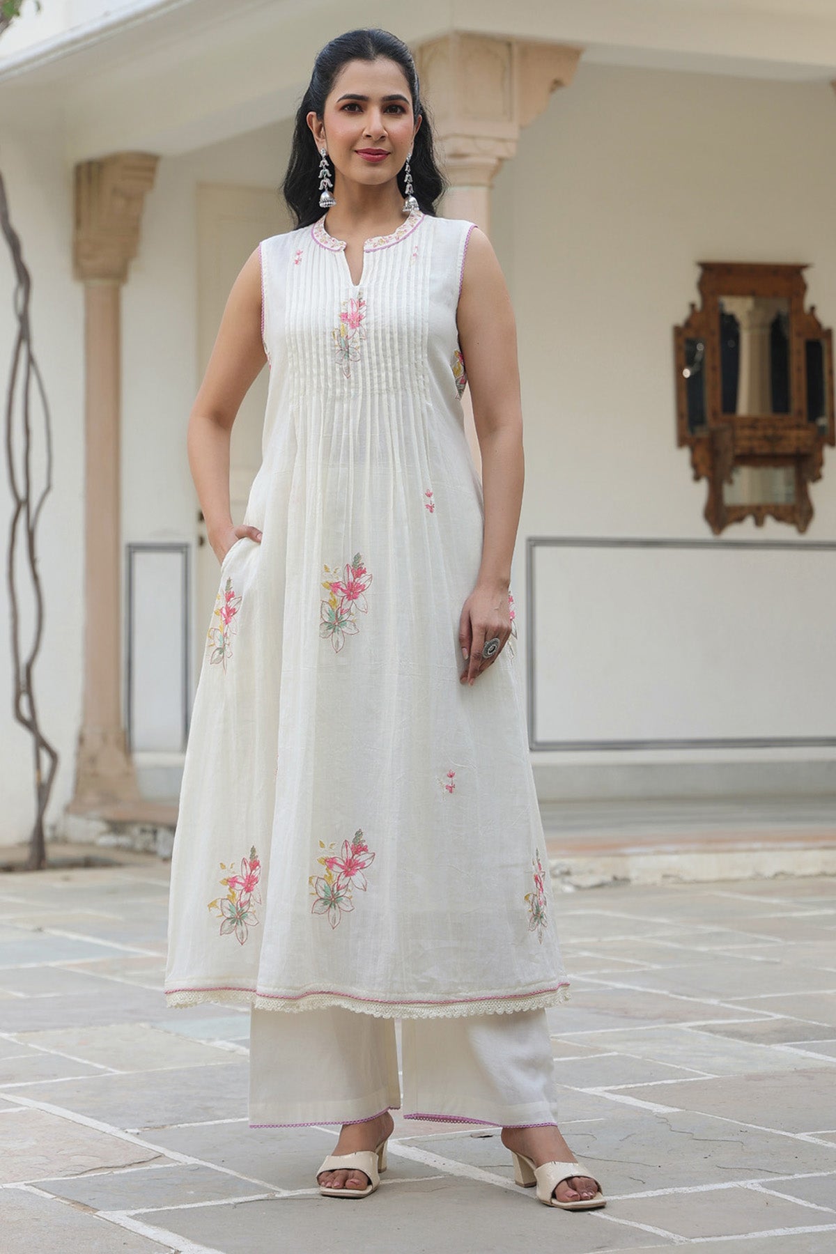 White Mul Mul Embroidered Anarkali Suit Set With Dupatta