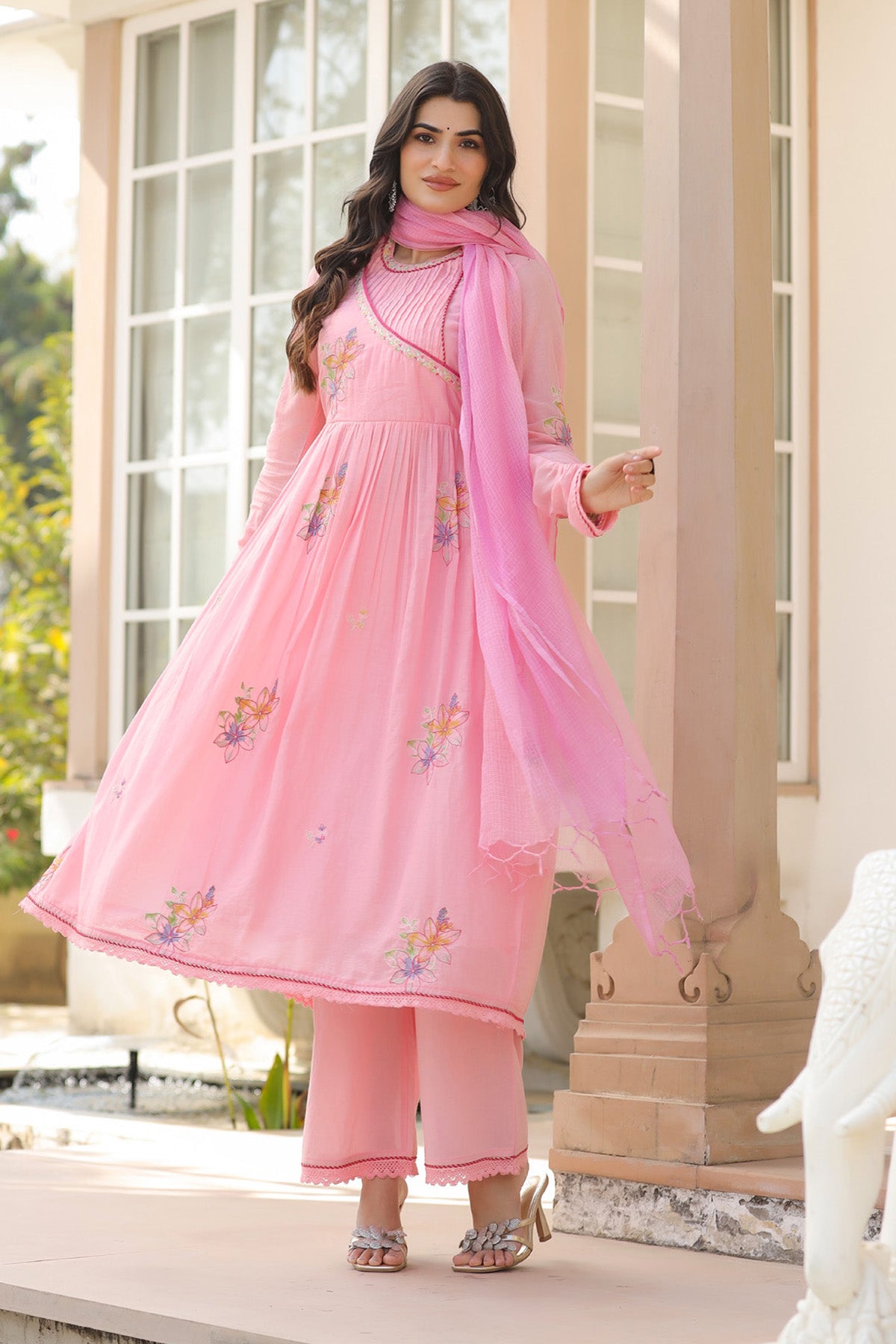 Pink Mul Mul Embroidered Anarkali Suit Set With Dupatta