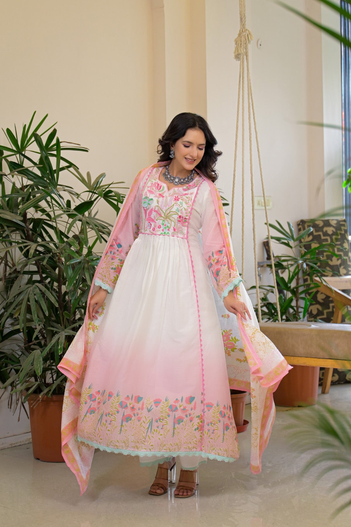 Pink Mul Mul Embroidered Anarkali Suit Set With Dupatta