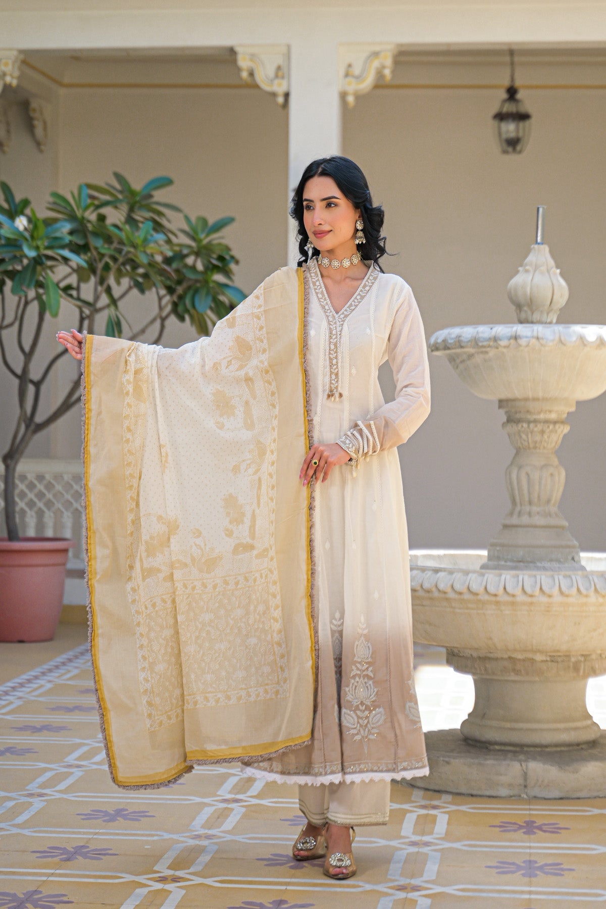 Off White Mul Mul Embroidered Anarkali Suit Set With Dupatta