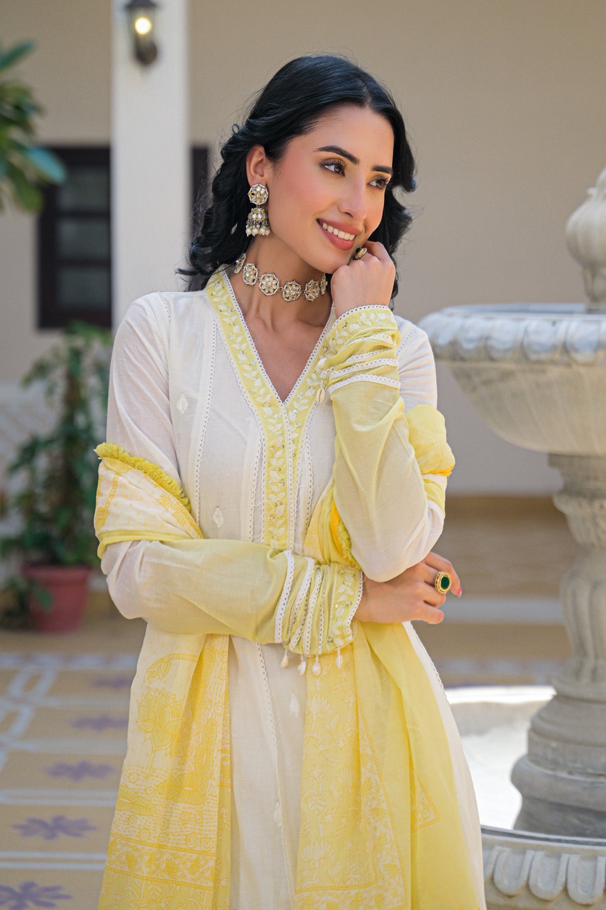 Yellow Mul Mul Embroidered Anarkali Suit Set With Dupatta