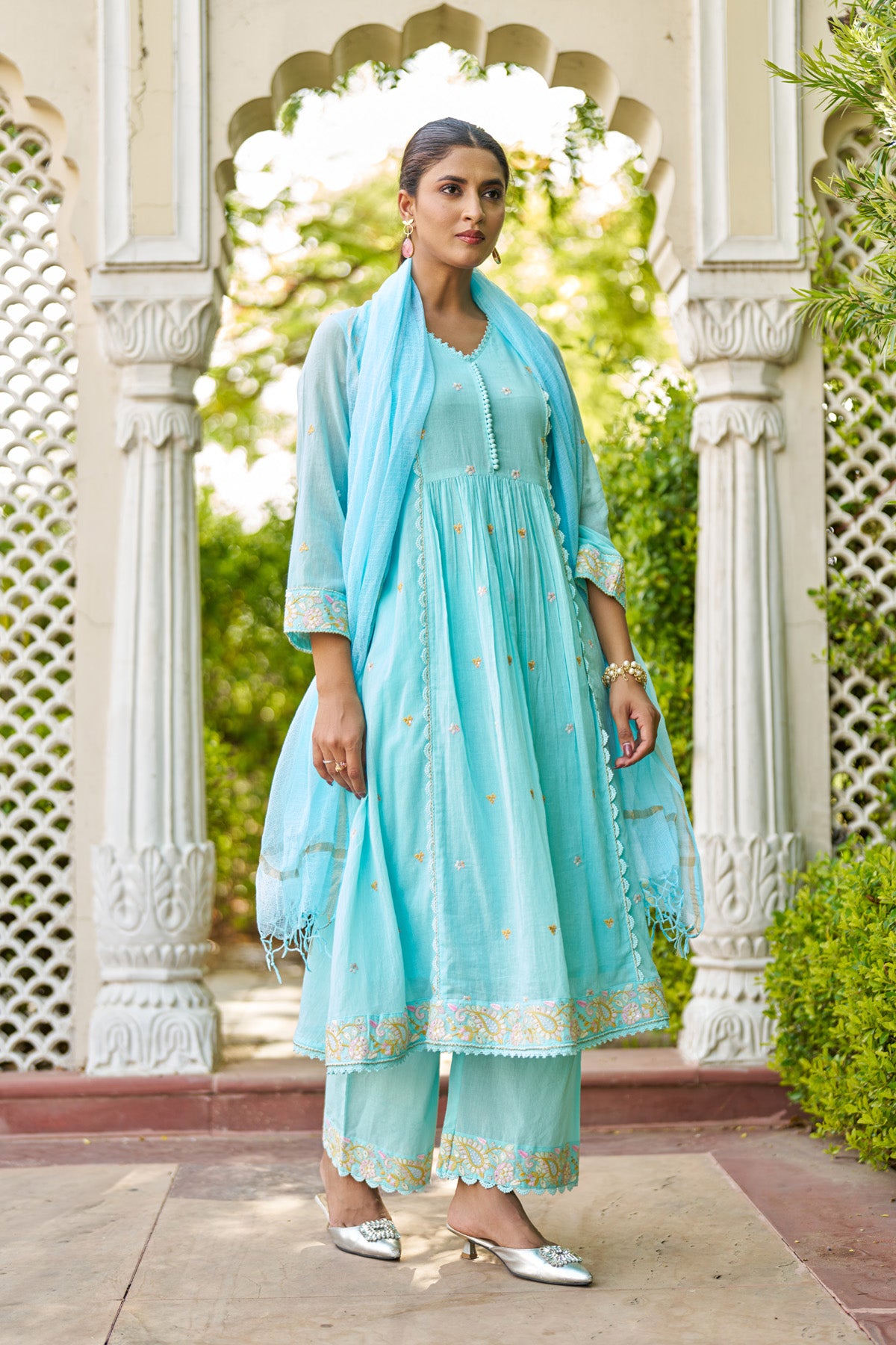 Sky Blue Mul Mul Embroidered Anarkali Suit Set With Dupatta