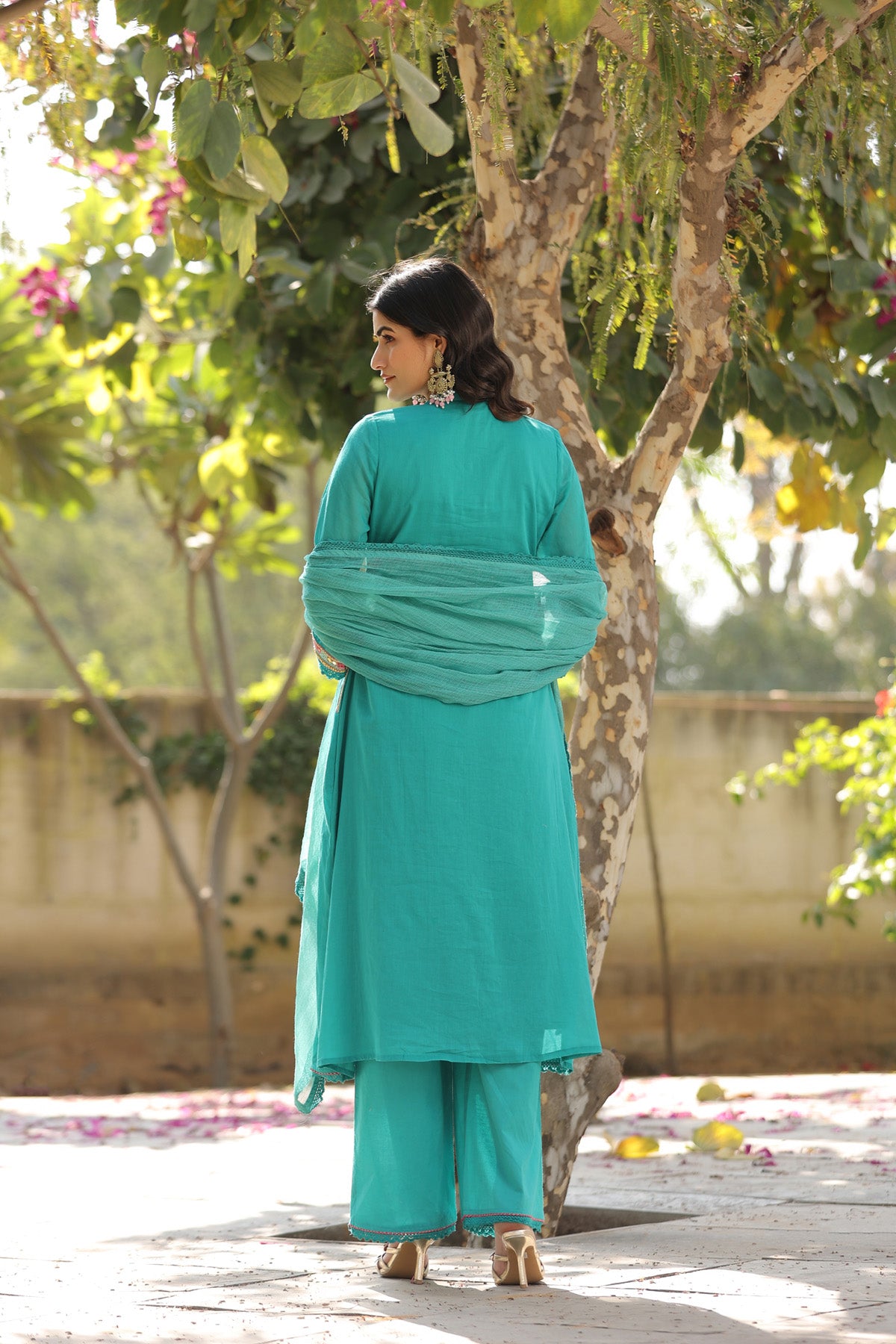 Turquoise Blue Mul Mul Embroidered Anarkali Suit Set With Dupatta