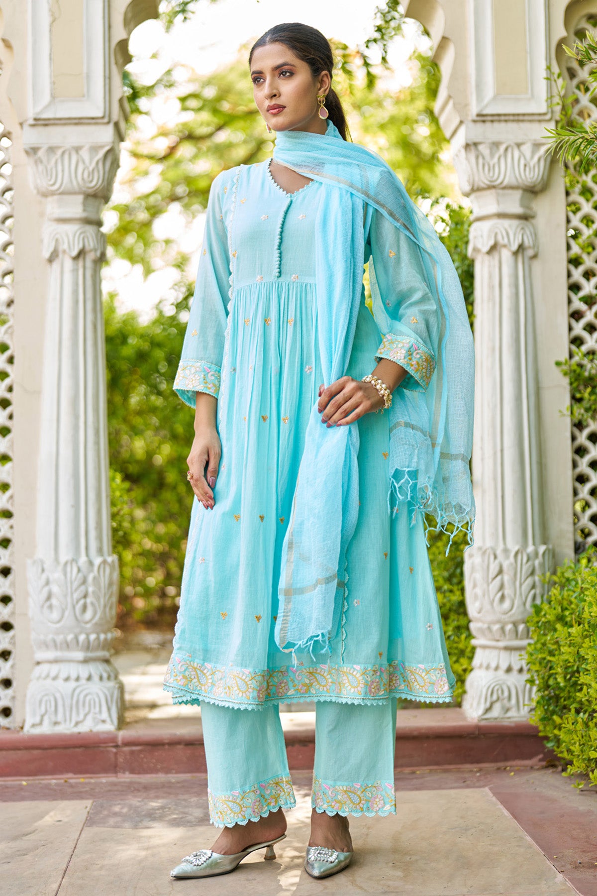 Sky Blue Mul Mul Embroidered Anarkali Suit Set With Dupatta