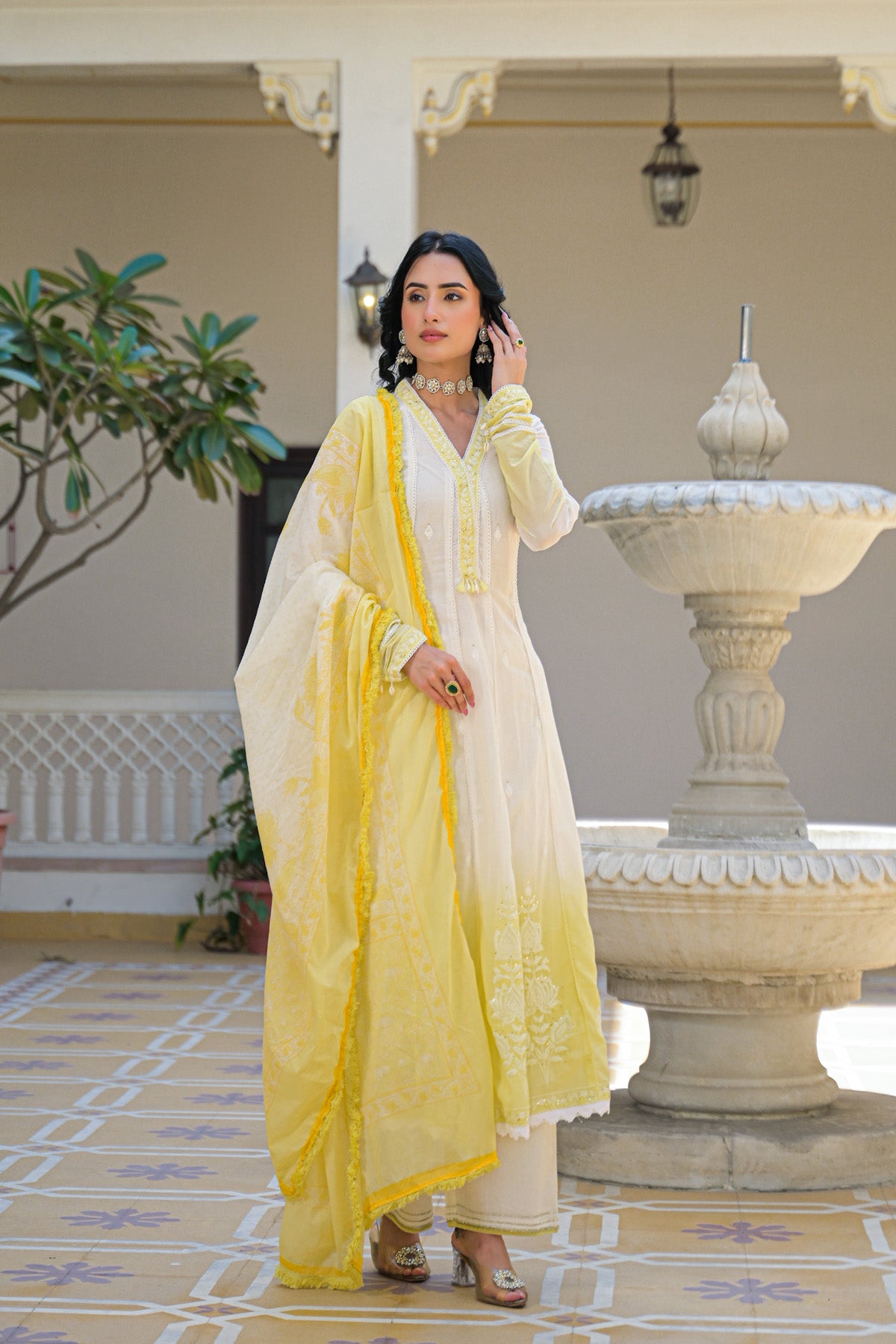 Yellow Mul Mul Embroidered Anarkali Suit Set With Dupatta