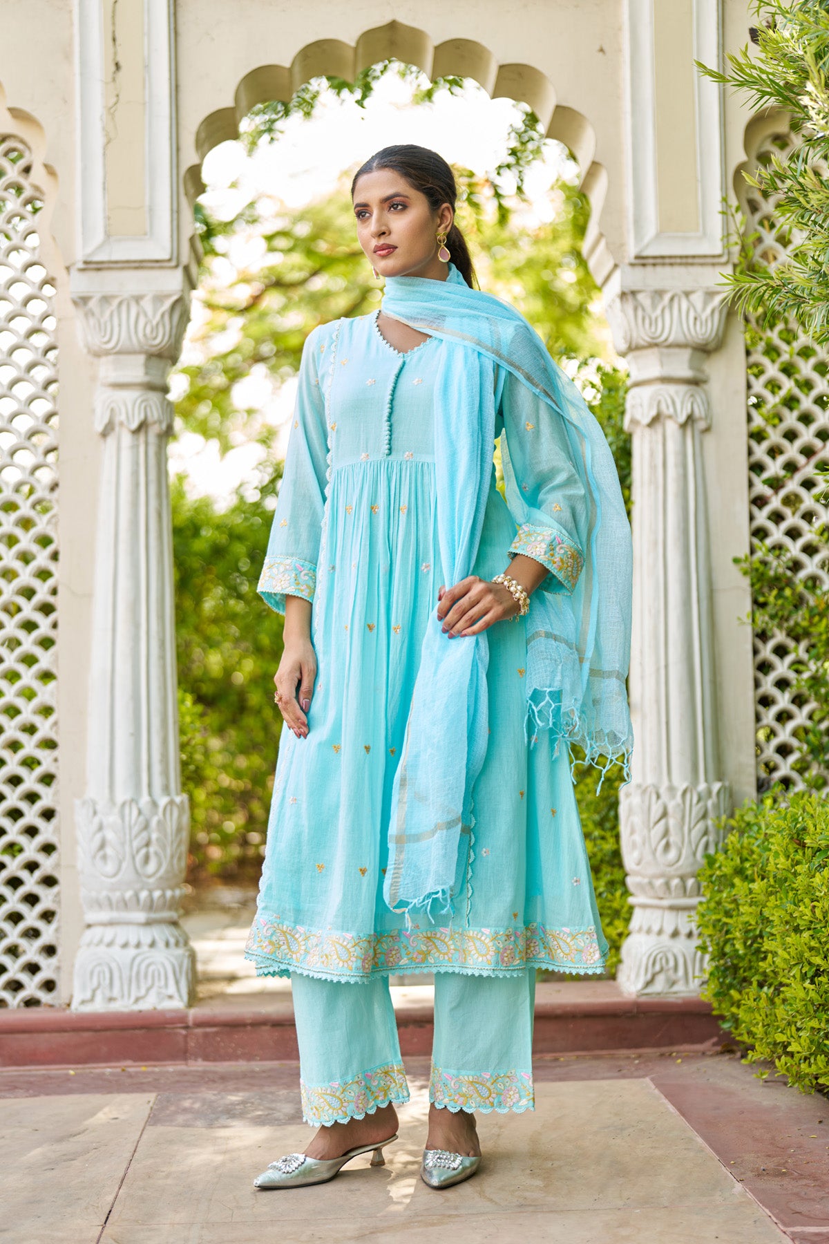 Sky Blue Mul Mul Embroidered Anarkali Suit Set With Dupatta