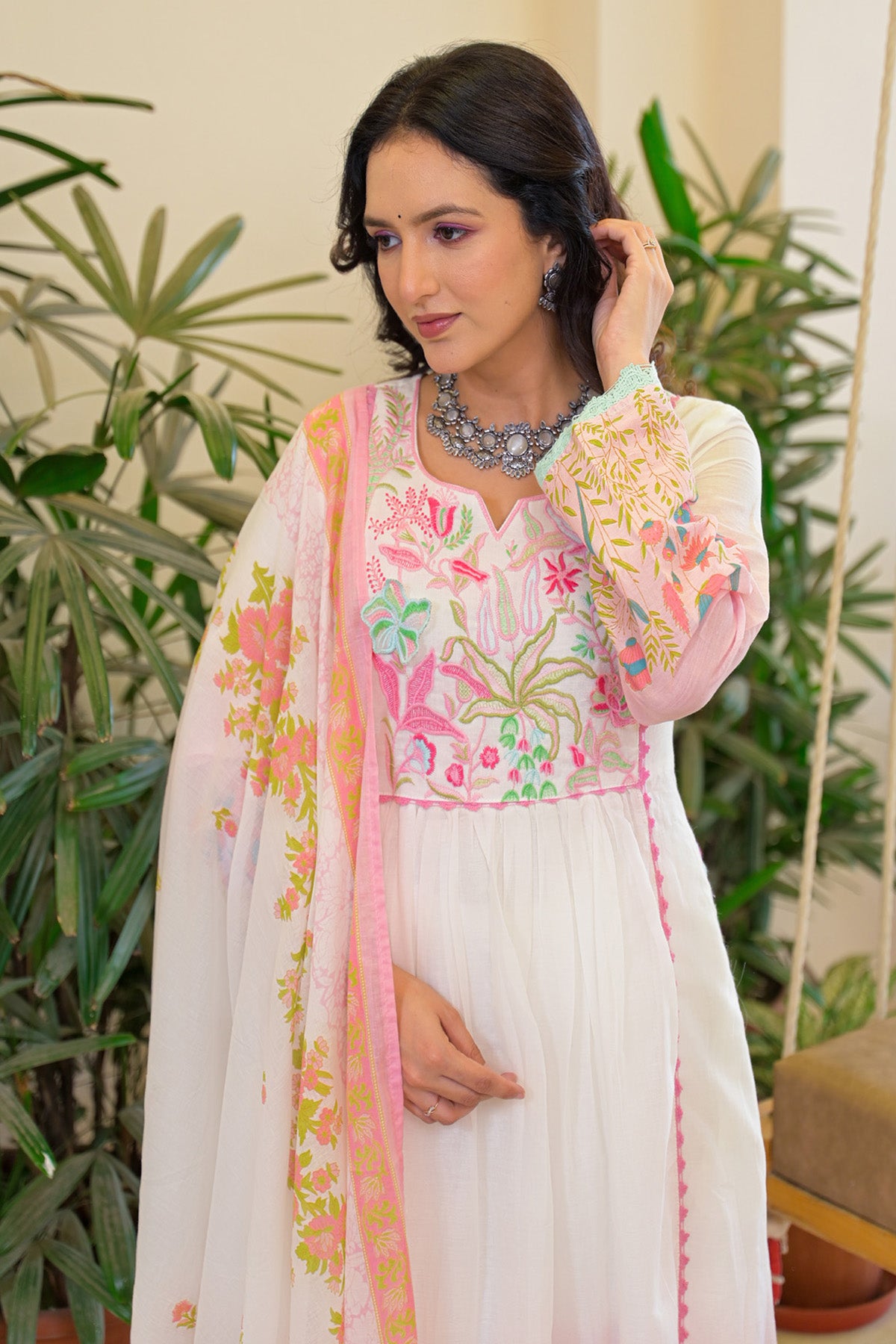 Pink Ombre Mul Mul Embroidered Anarkali Suit Set With Dupatta