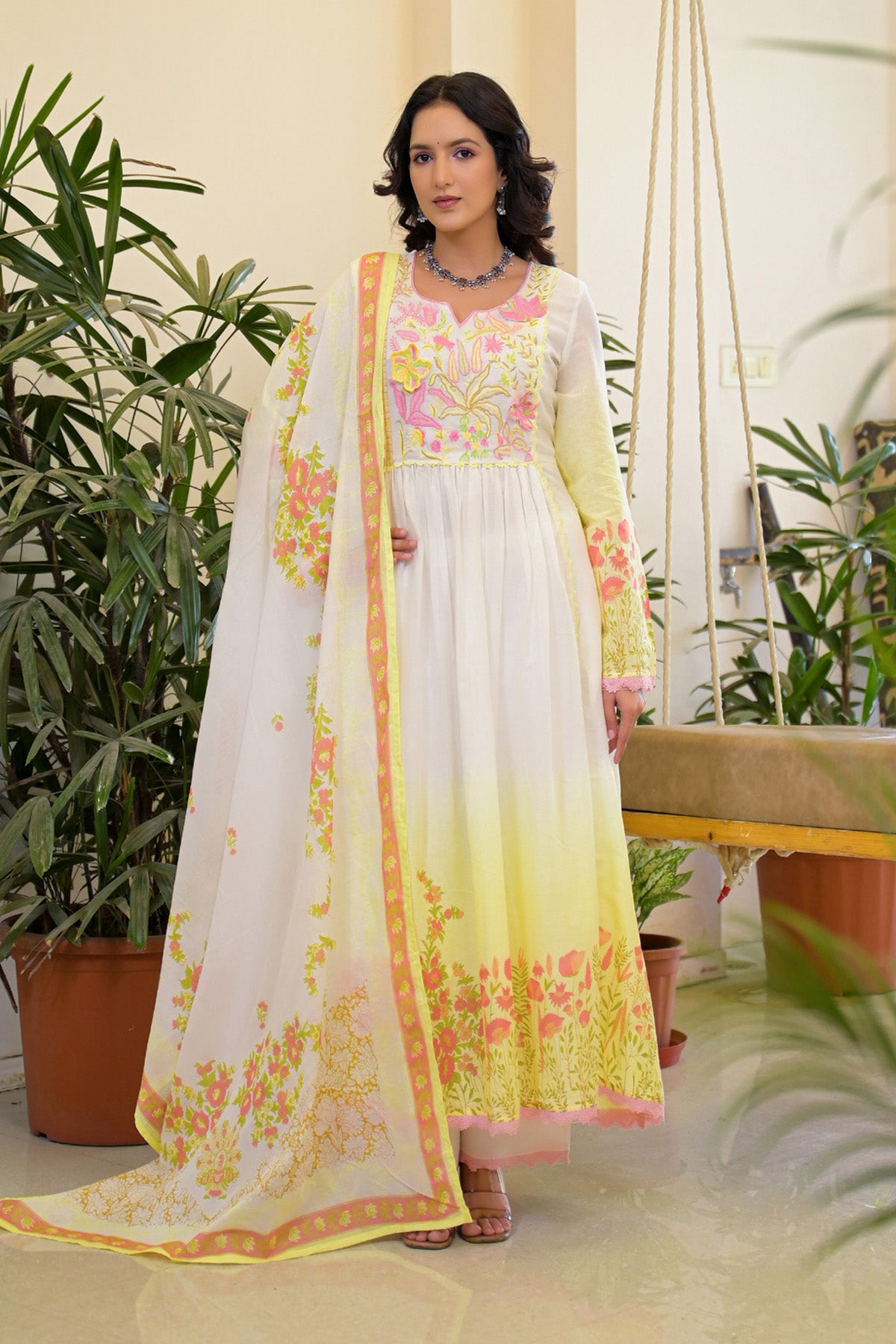 Yellow Mul Mul Embroidered Anarkali Suit Set With Dupatta