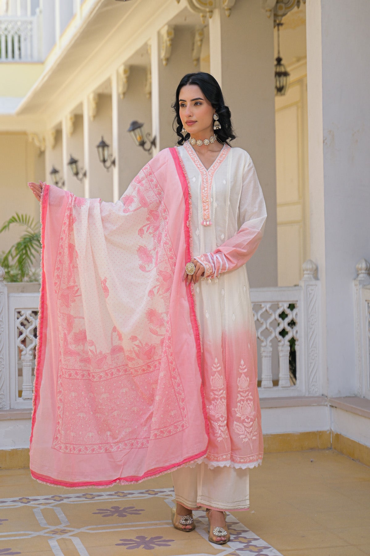Pink Mul Mul Embroidered Anarkali Suit Set With Dupatta