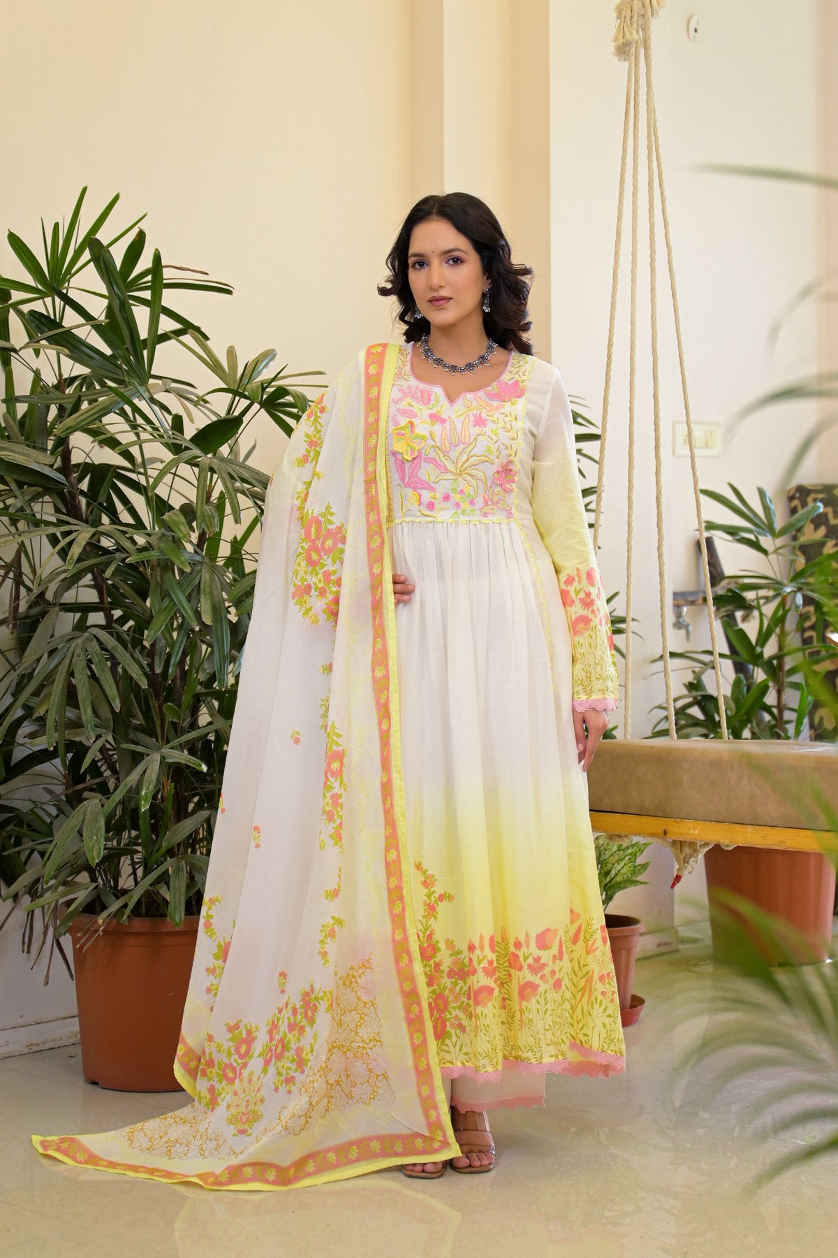 Yellow Mul Mul Embroidered Anarkali Suit Set With Dupatta
