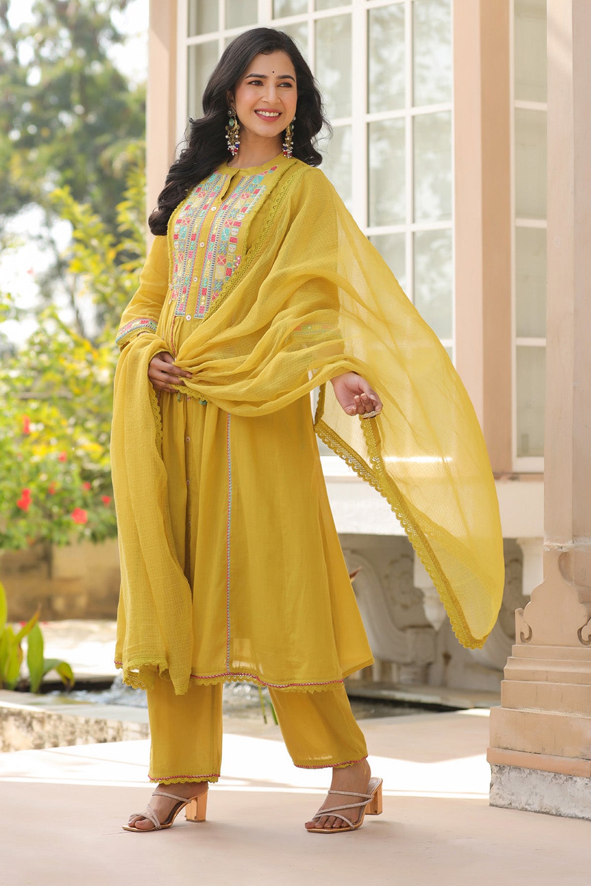 Yellow Mul Mul Embroidered Anarkali Suit Set With Dupatta