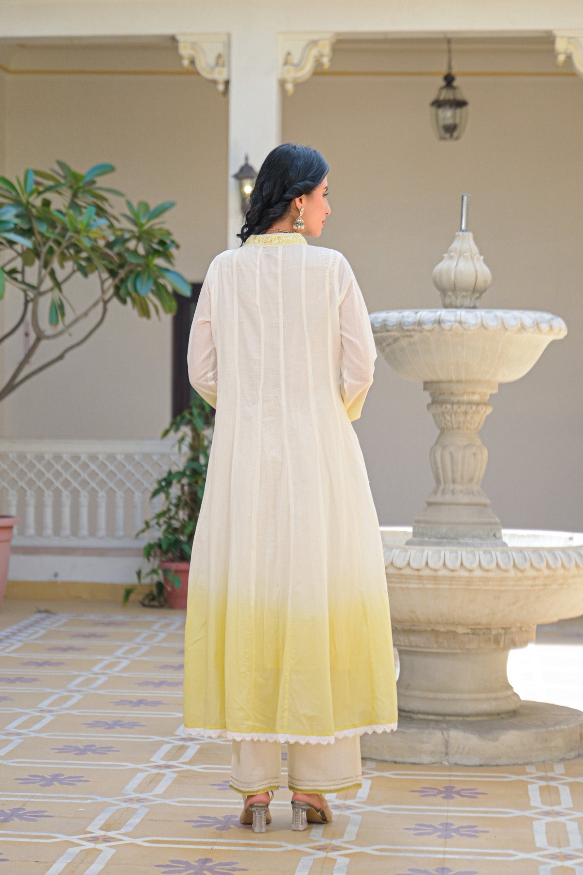 Yellow Mul Mul Embroidered Anarkali Suit Set With Dupatta