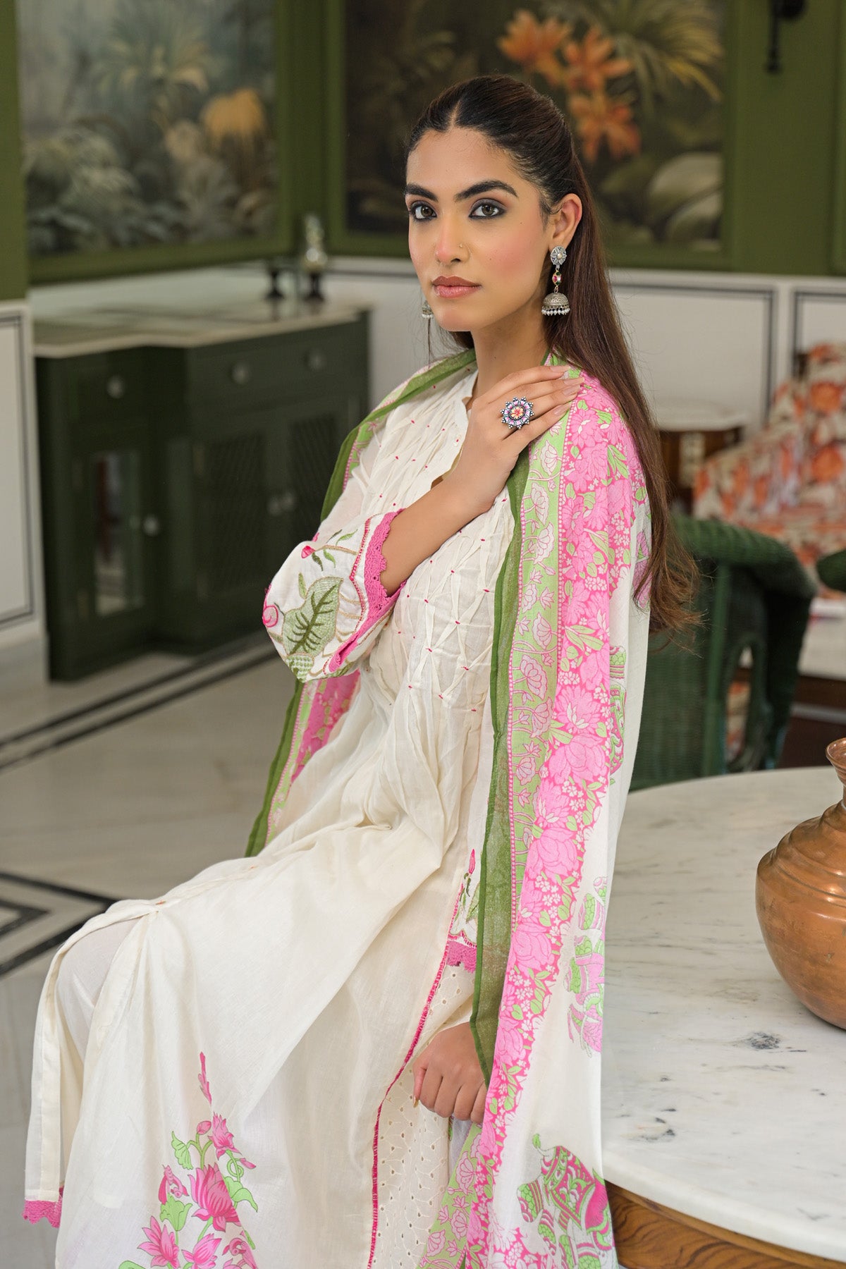 Pink Mul Mul Printed Anarkali Suit Set With Dupatta
