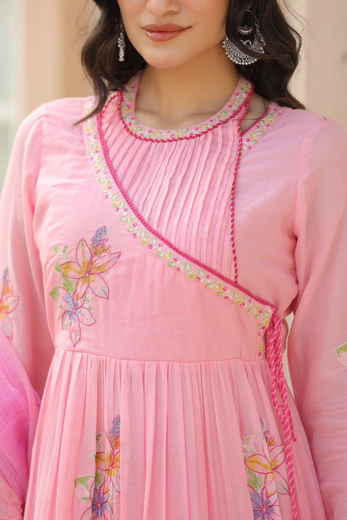 Pink Mul Mul Embroidered Anarkali Suit Set With Dupatta
