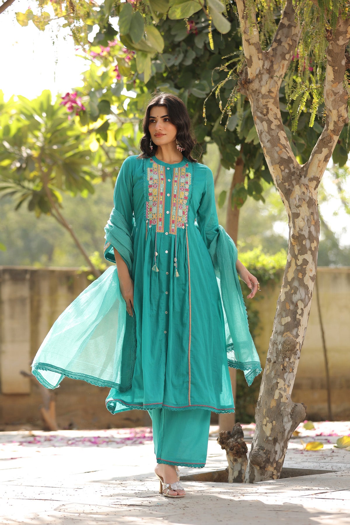 Turquoise Blue Mul Mul Embroidered Anarkali Suit Set With Dupatta