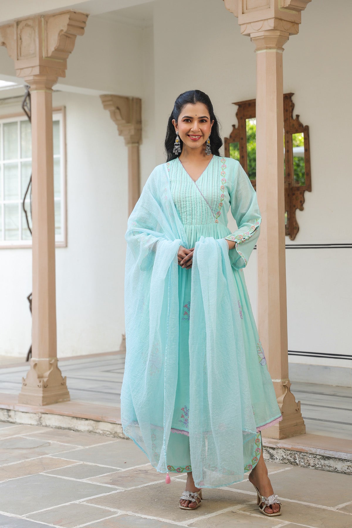 Sky Blue Mul Mul Embroidered Anarkali Suit Set With Dupatta