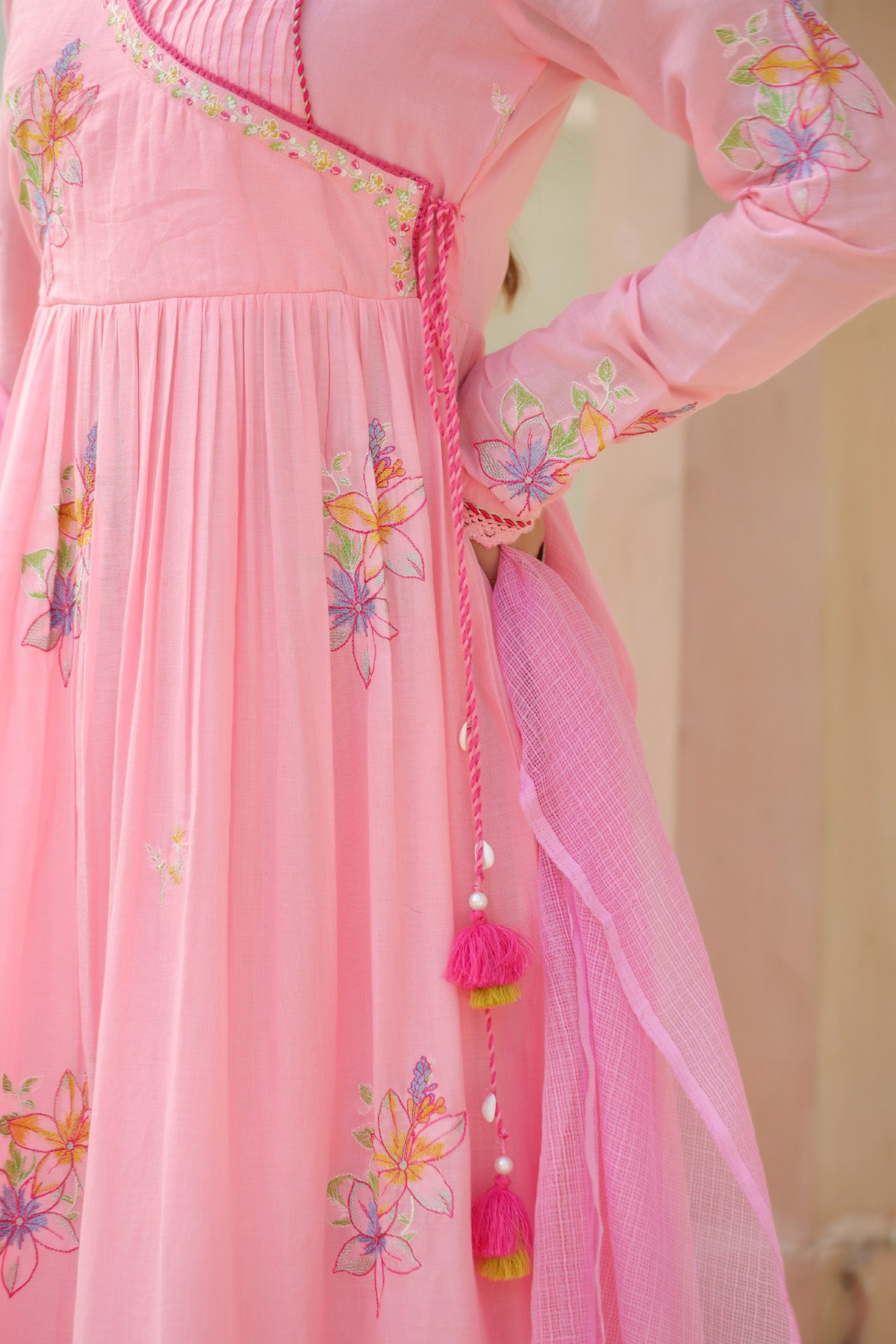 Pink Mul Mul Embroidered Anarkali Suit Set With Dupatta