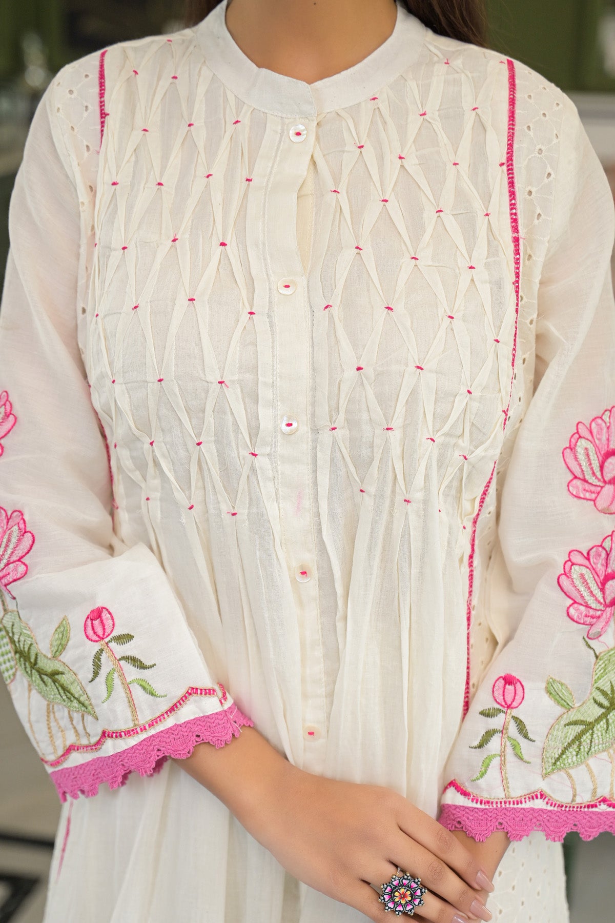 Pink Mul Mul Printed Anarkali Suit Set With Dupatta