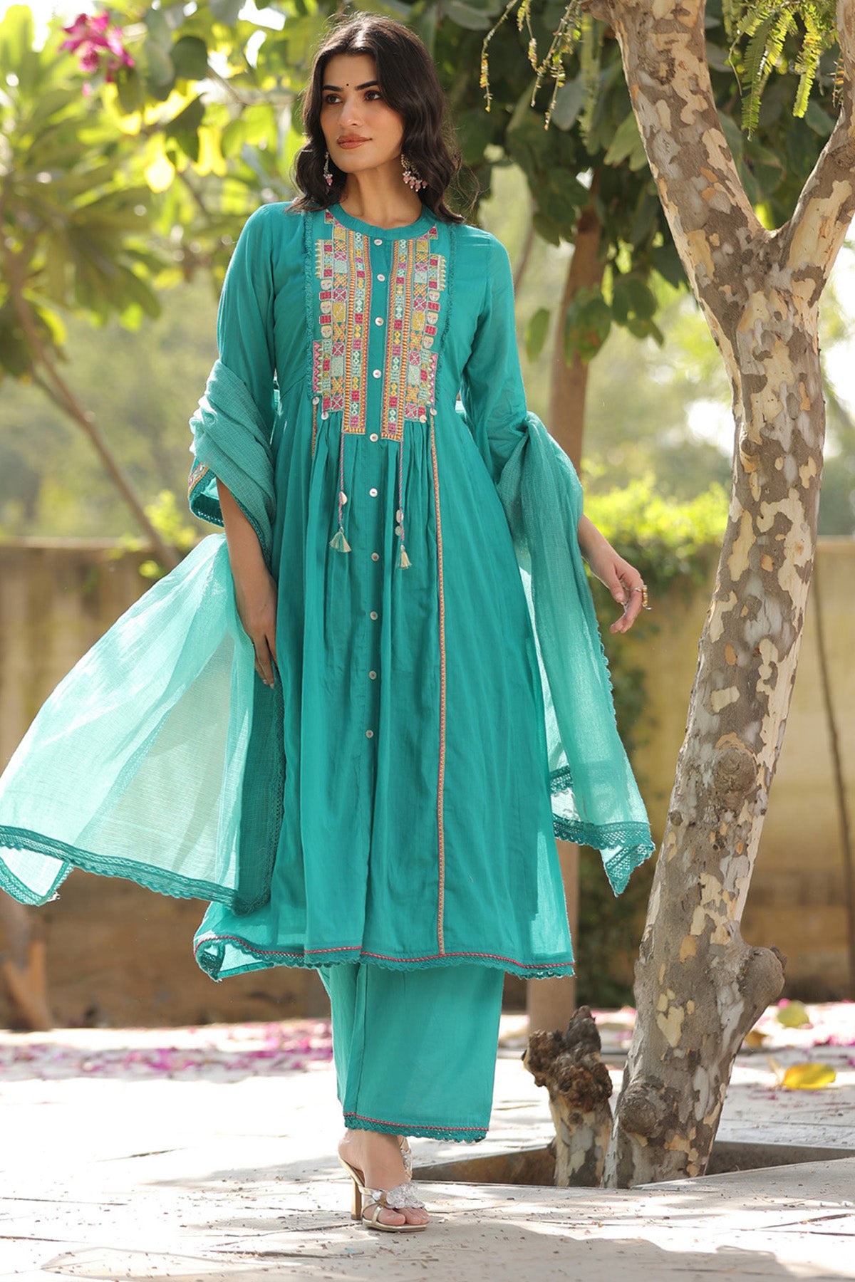 Turquoise Blue Mul Mul Embroidered Anarkali Suit Set With Dupatta