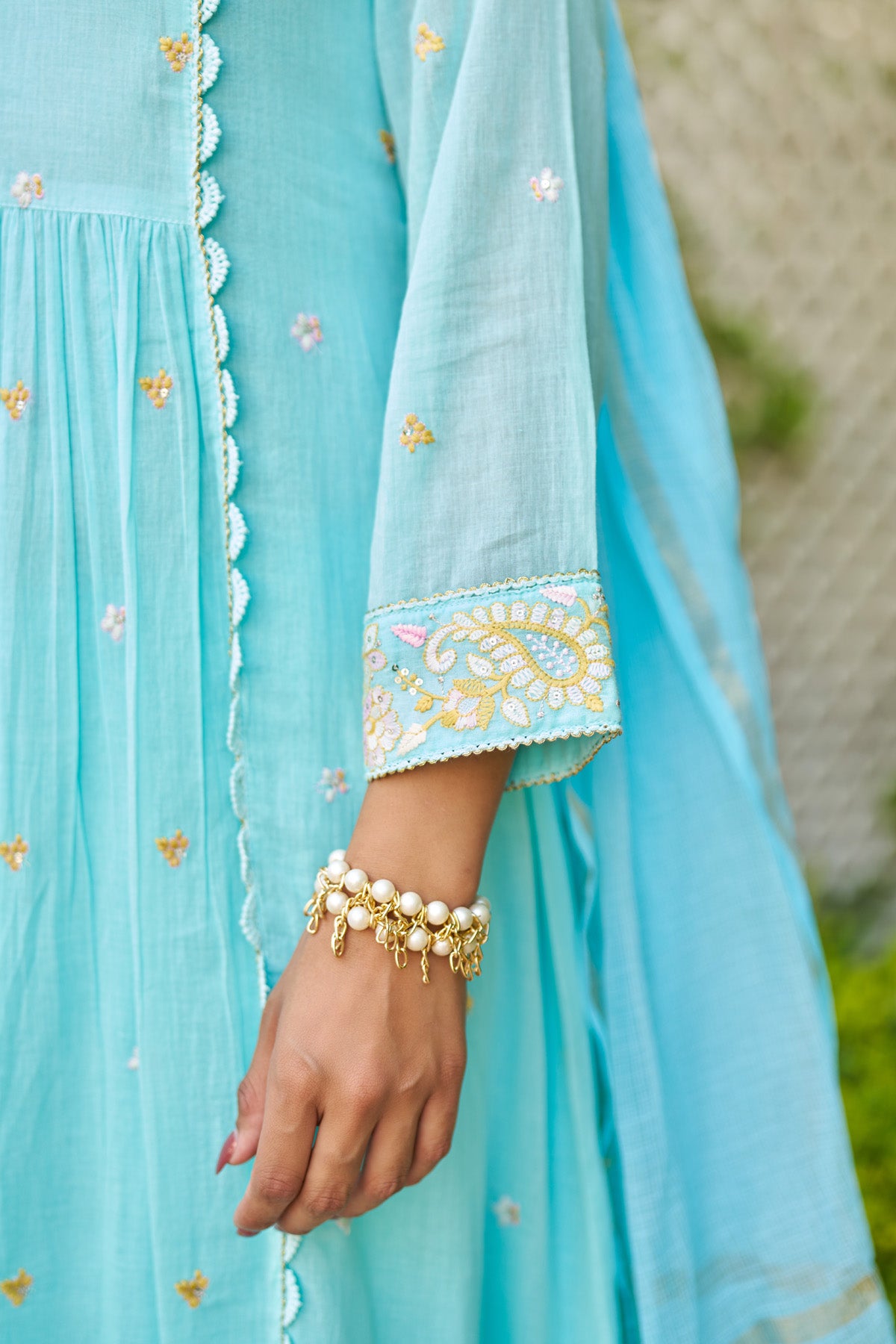 Sky Blue Mul Mul Embroidered Anarkali Suit Set With Dupatta