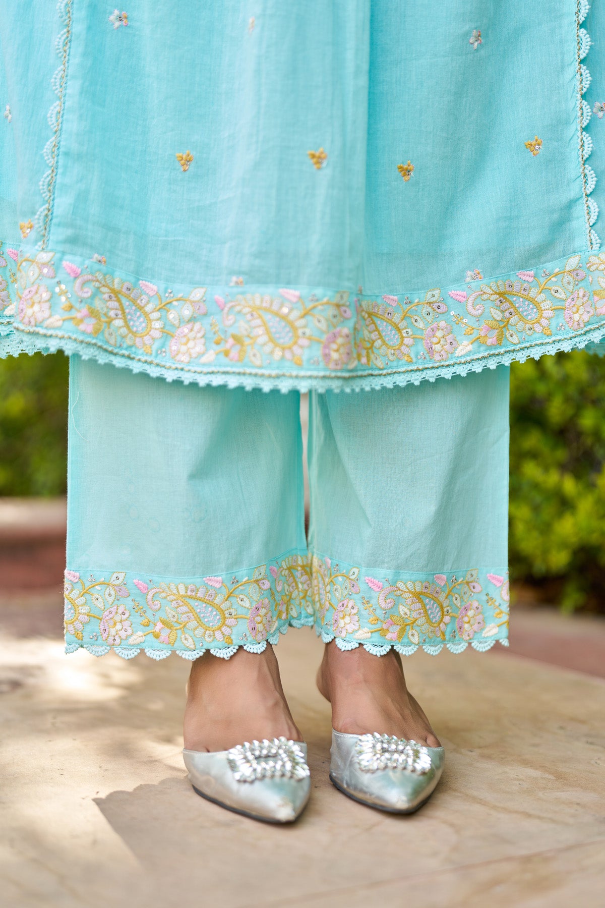 Sky Blue Mul Mul Embroidered Anarkali Suit Set With Dupatta