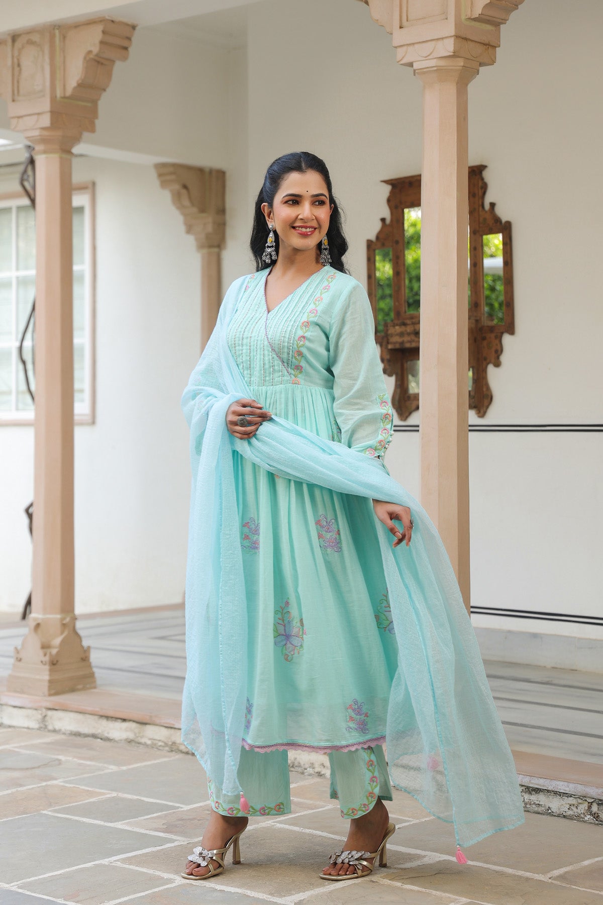 Sky Blue Mul Mul Embroidered Anarkali Suit Set With Dupatta